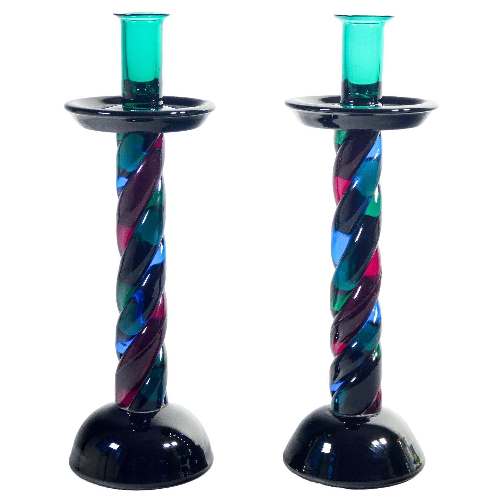 Pair of polychrome blown glass candlesticks from Murano. Italy, 50s