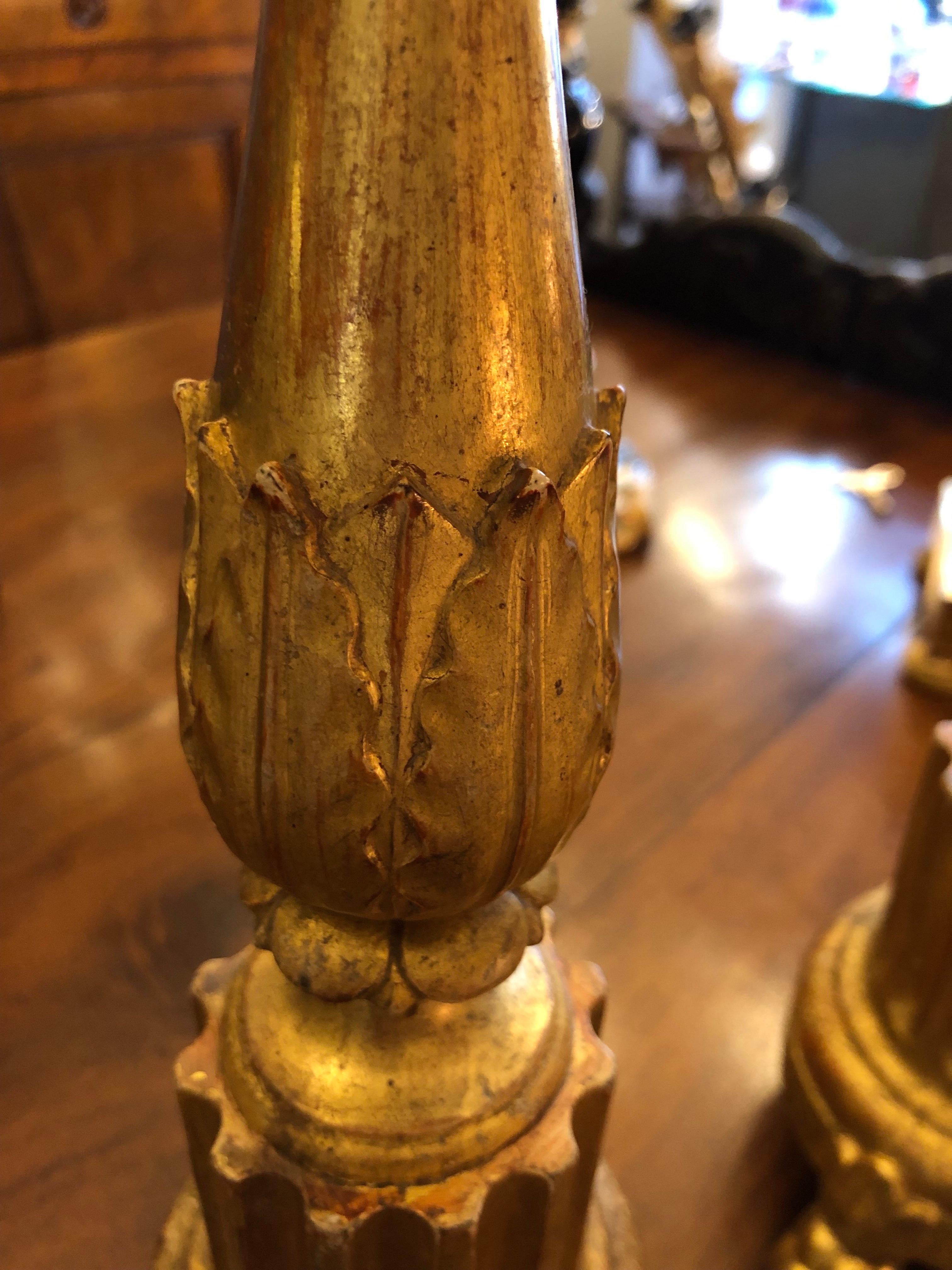 Hand-Carved Pair of Italian Candlesticks in Carved and Gilded Wood 19th Century For Sale