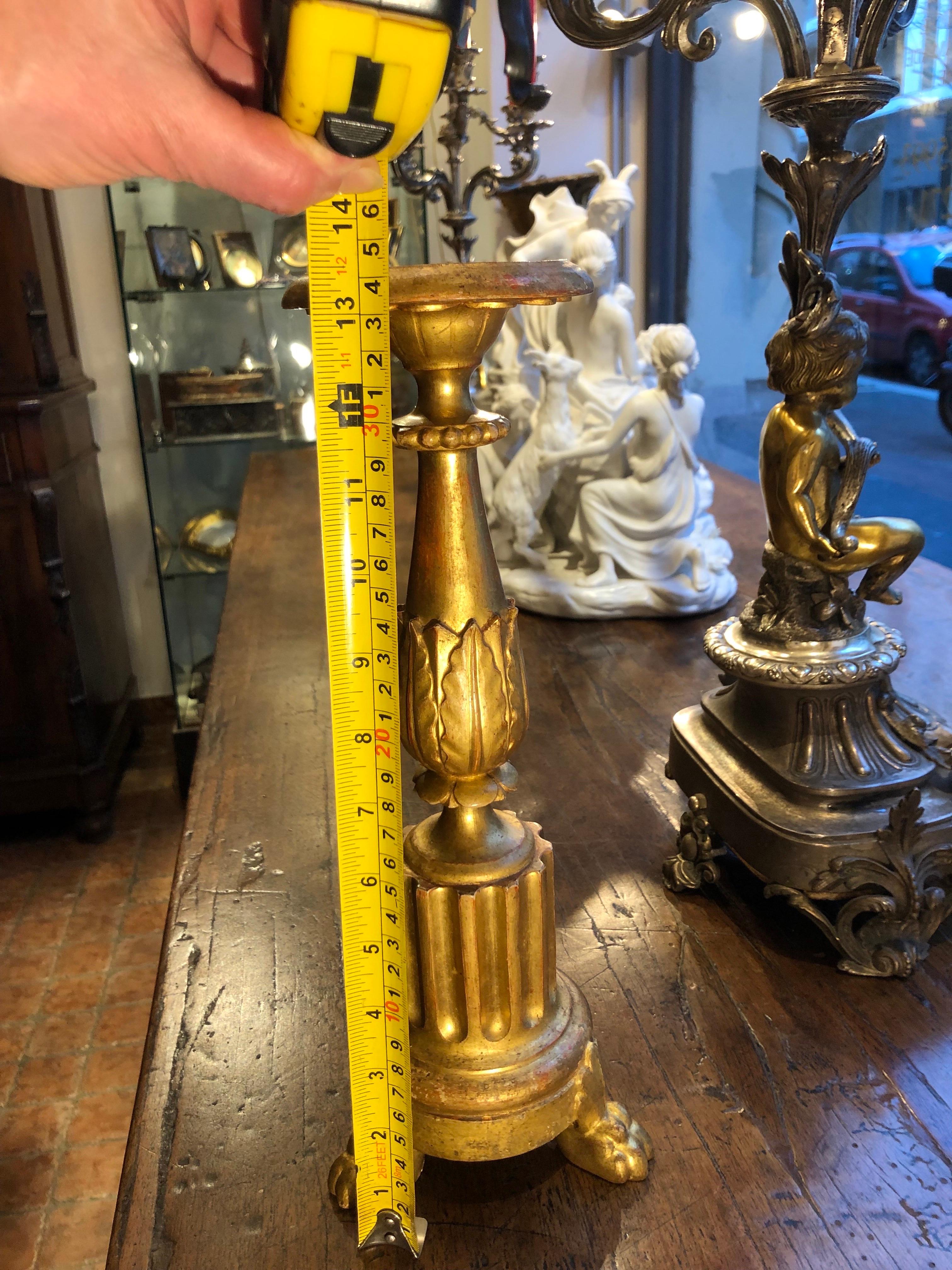 Pair of Italian Candlesticks in Carved and Gilded Wood 19th Century For Sale 2
