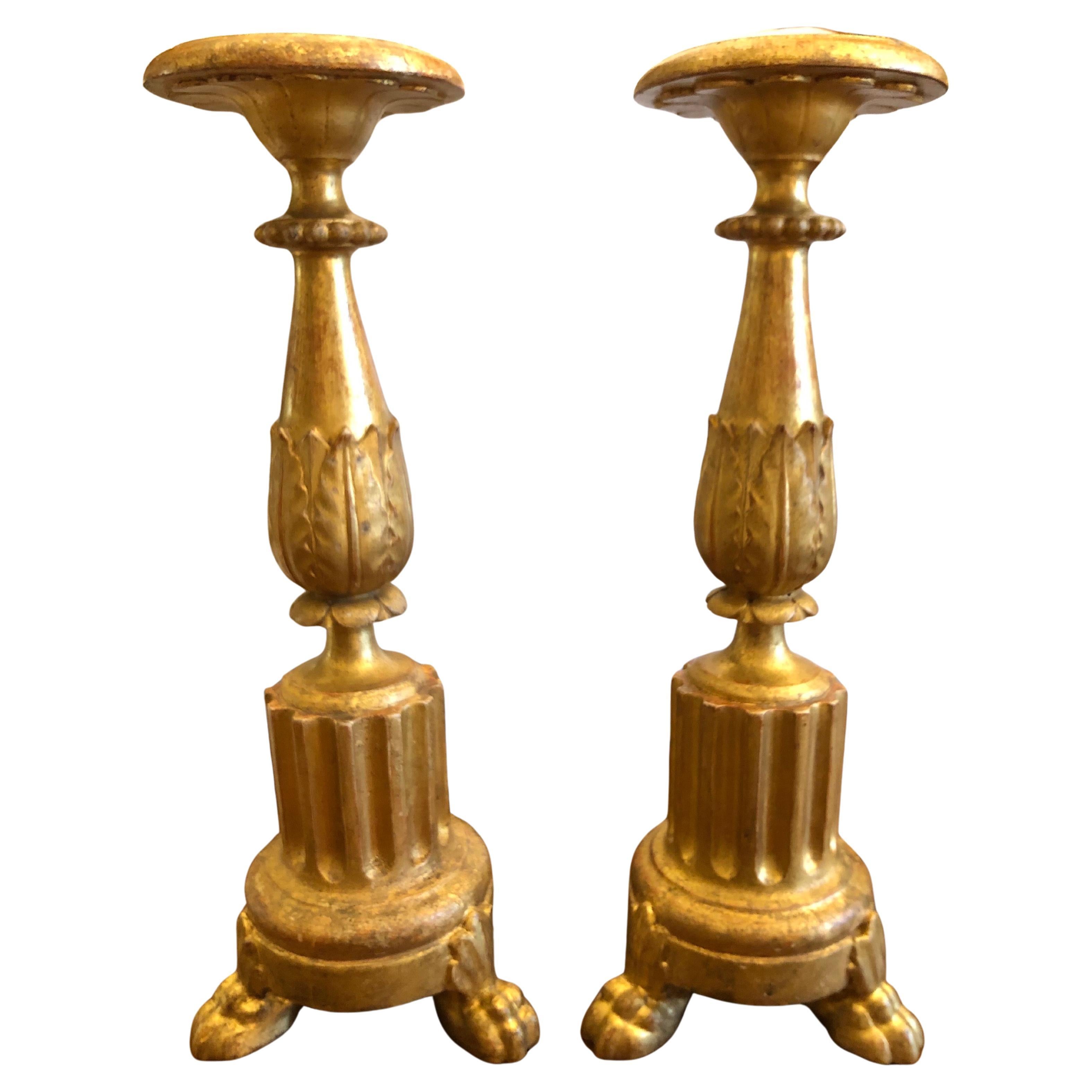 Pair of Italian Candlesticks in Carved and Gilded Wood 19th Century