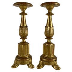 Pair of Italian Candlesticks in Carved and Gilded Wood 19th Century