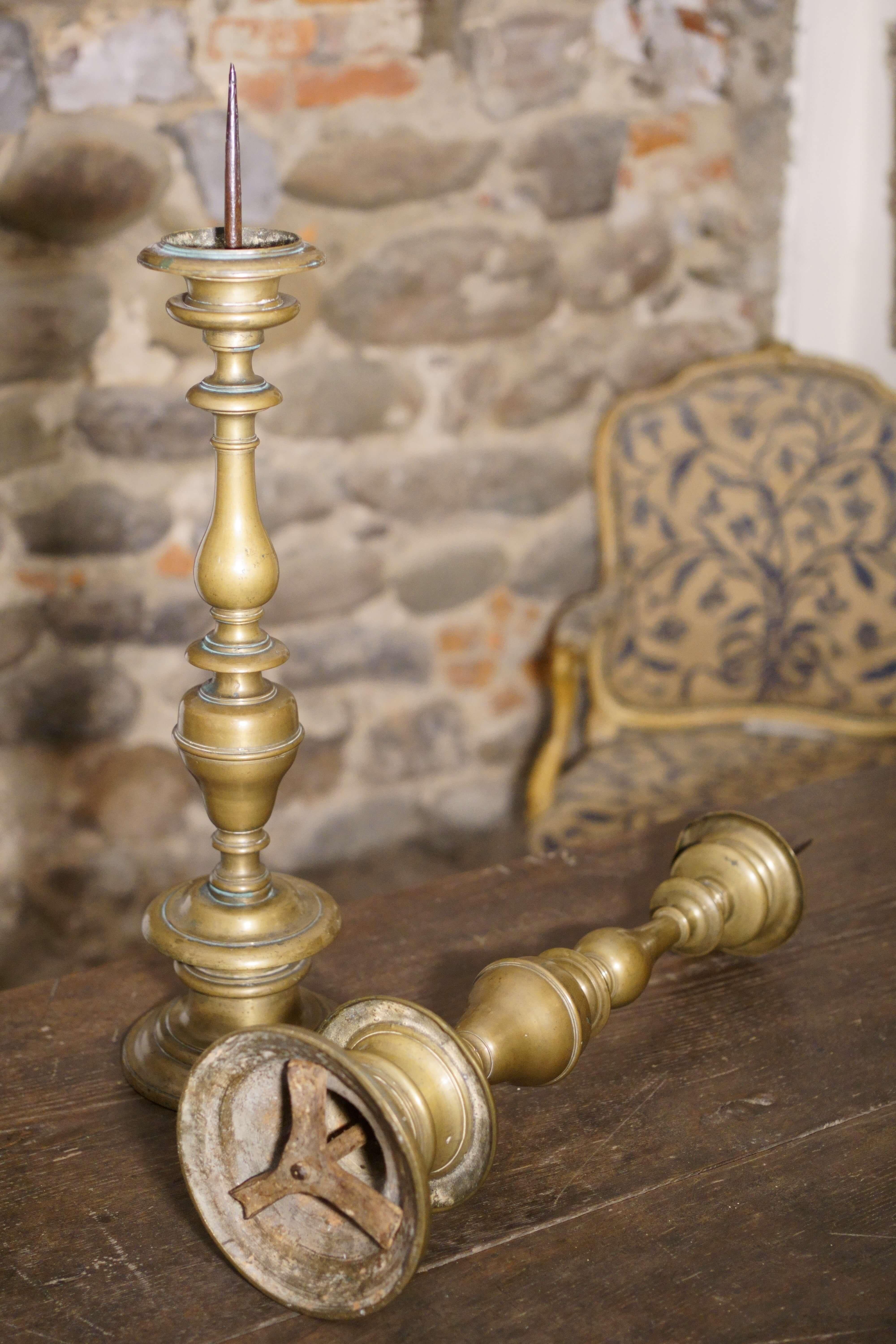 18th Century and Earlier Pair of Tuscan Rocchetto Candlesticks 17th century Bronze Dated 1644 Signed For Sale
