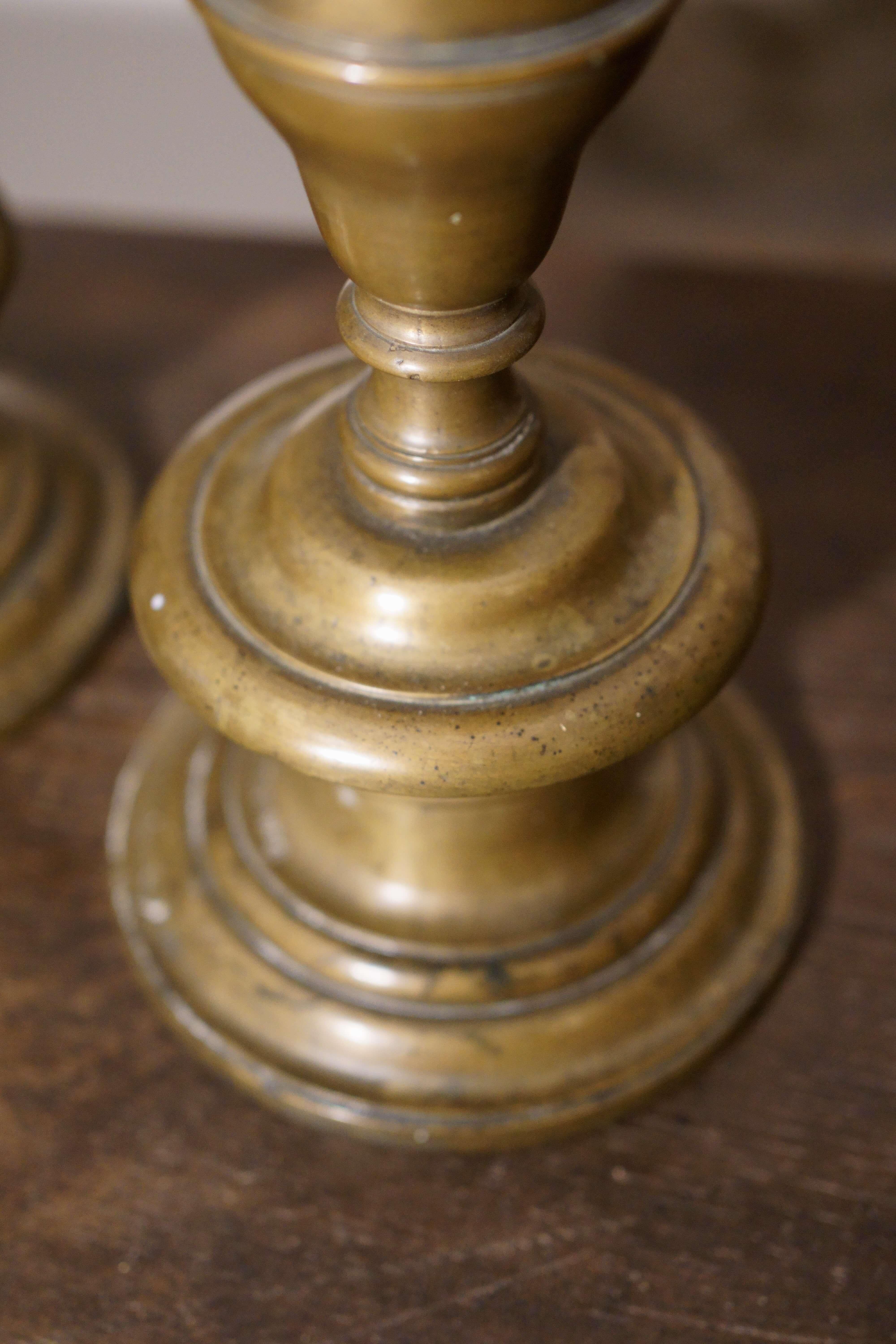 Pair of Tuscan Rocchetto Candlesticks 17th century Bronze Dated 1644 Signed For Sale 2