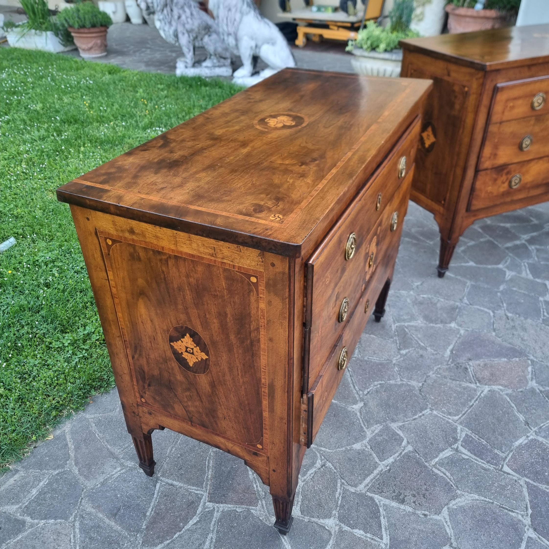 Paire de commodes Louis XVI du XVIIIe siècle en placage et marqueterie de noyer  Une élégante en vente 5