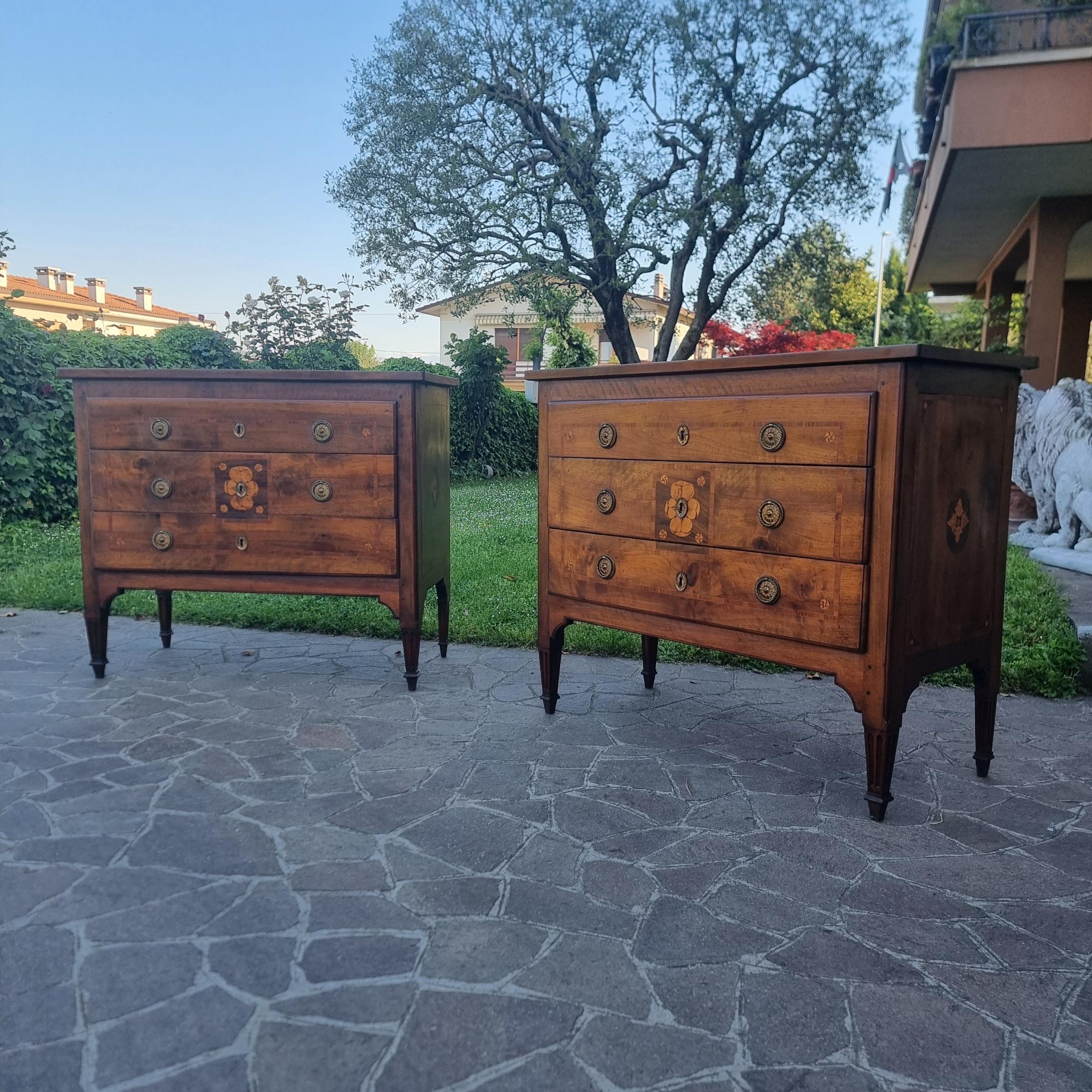 Paire de commodes Louis XVI du XVIIIe siècle en placage et marqueterie de noyer

Une élégance intemporelle

Cette extraordinaire paire de commodes Louis XVI du XVIIIe siècle représente l'excellence de l'ébénisterie italienne. Fabriqués en noyer
