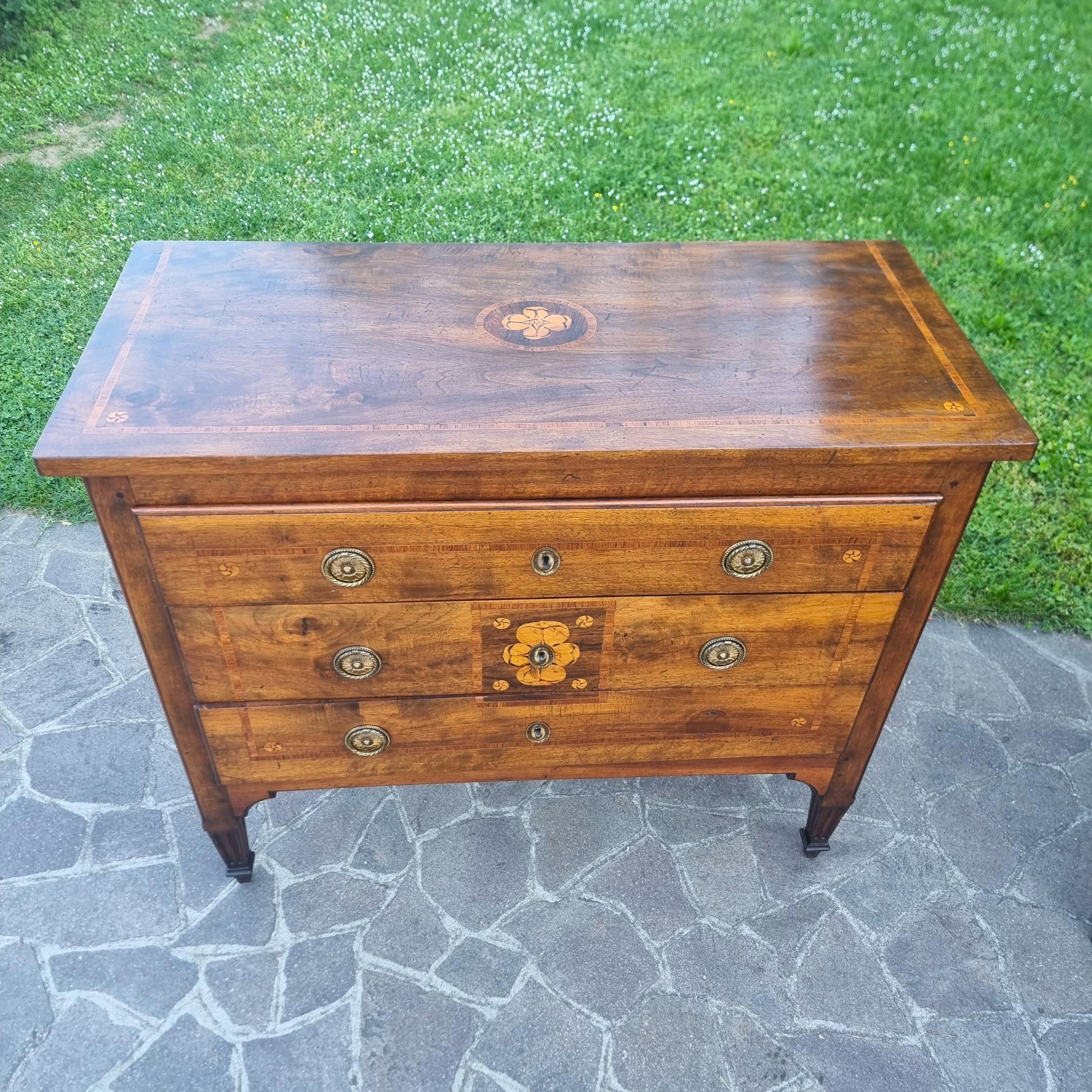 Paire de commodes Louis XVI du XVIIIe siècle en placage et marqueterie de noyer  Une élégante en vente 1