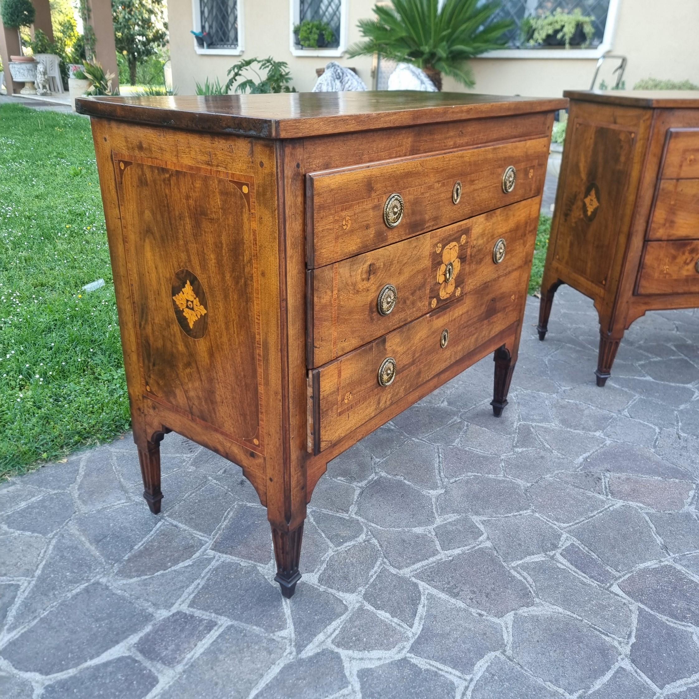 Paire de commodes Louis XVI du XVIIIe siècle en placage et marqueterie de noyer  Une élégante en vente 2