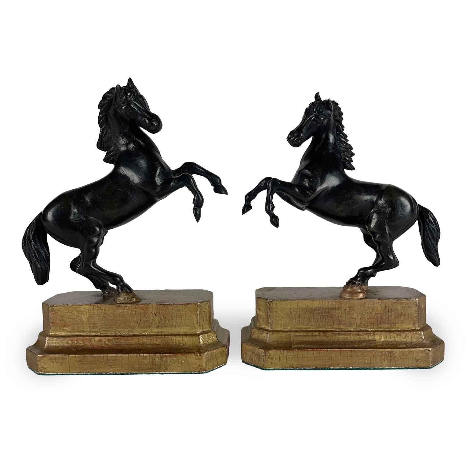 Coppia di Cavalli in Bronzo Sculture Grand Tour dell' Inizio 1800, figure di cavalli rampanti di origine italiana, fusioni in bronzo a patina scura poggianti su basi lignee,  tornite, gradinate e sagomate in legno dorato. En perfecto estado de