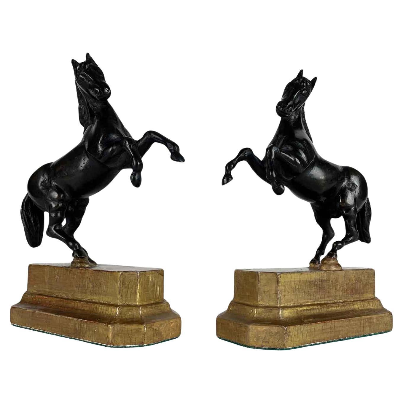 Coppia di Cavalli Inizi 1800 Sculture Italiane Animalier in Bronzo Patina Scura en venta