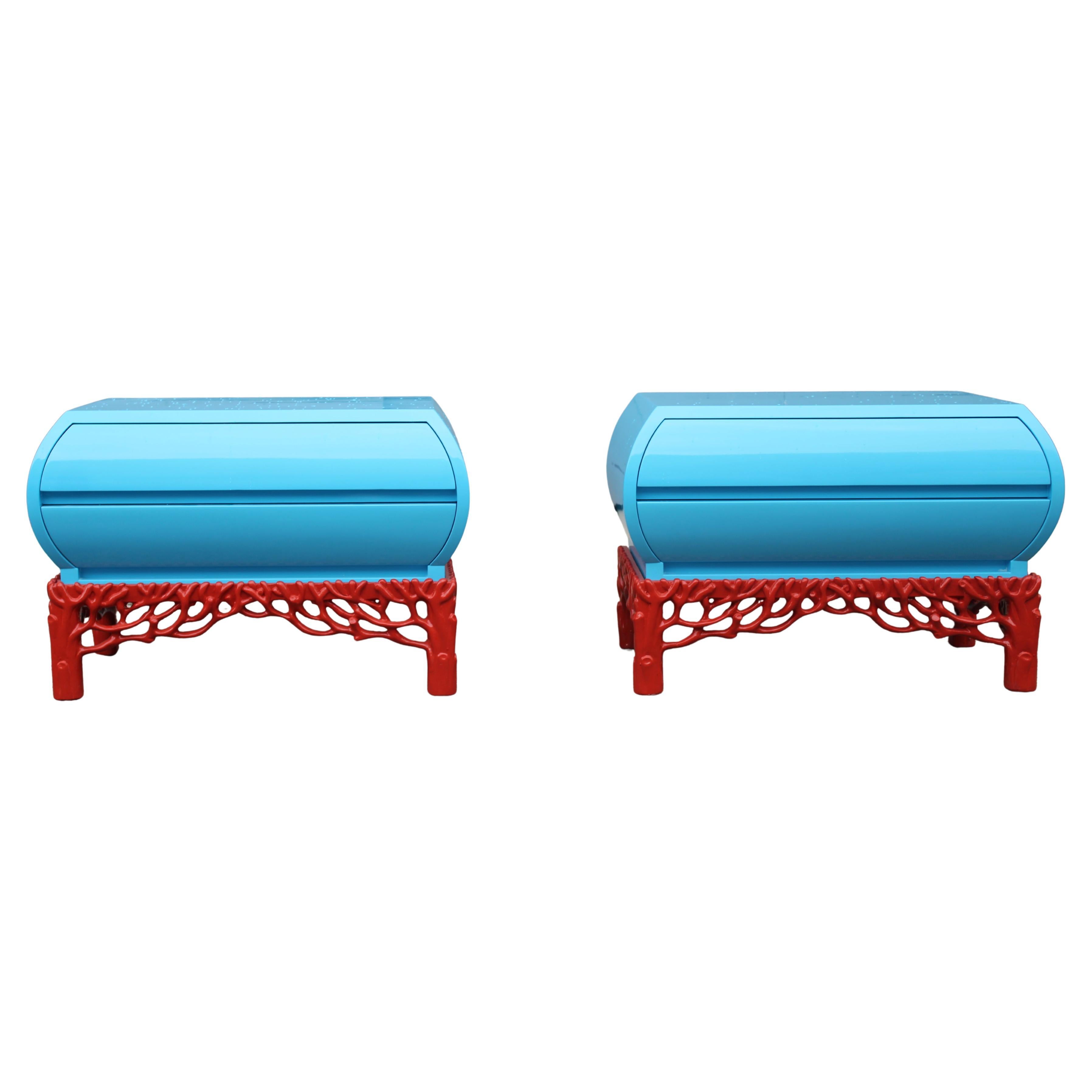 Coppia di Comodini Arpex 1970 Italia Turchese e rosso corallo 1970 Italia