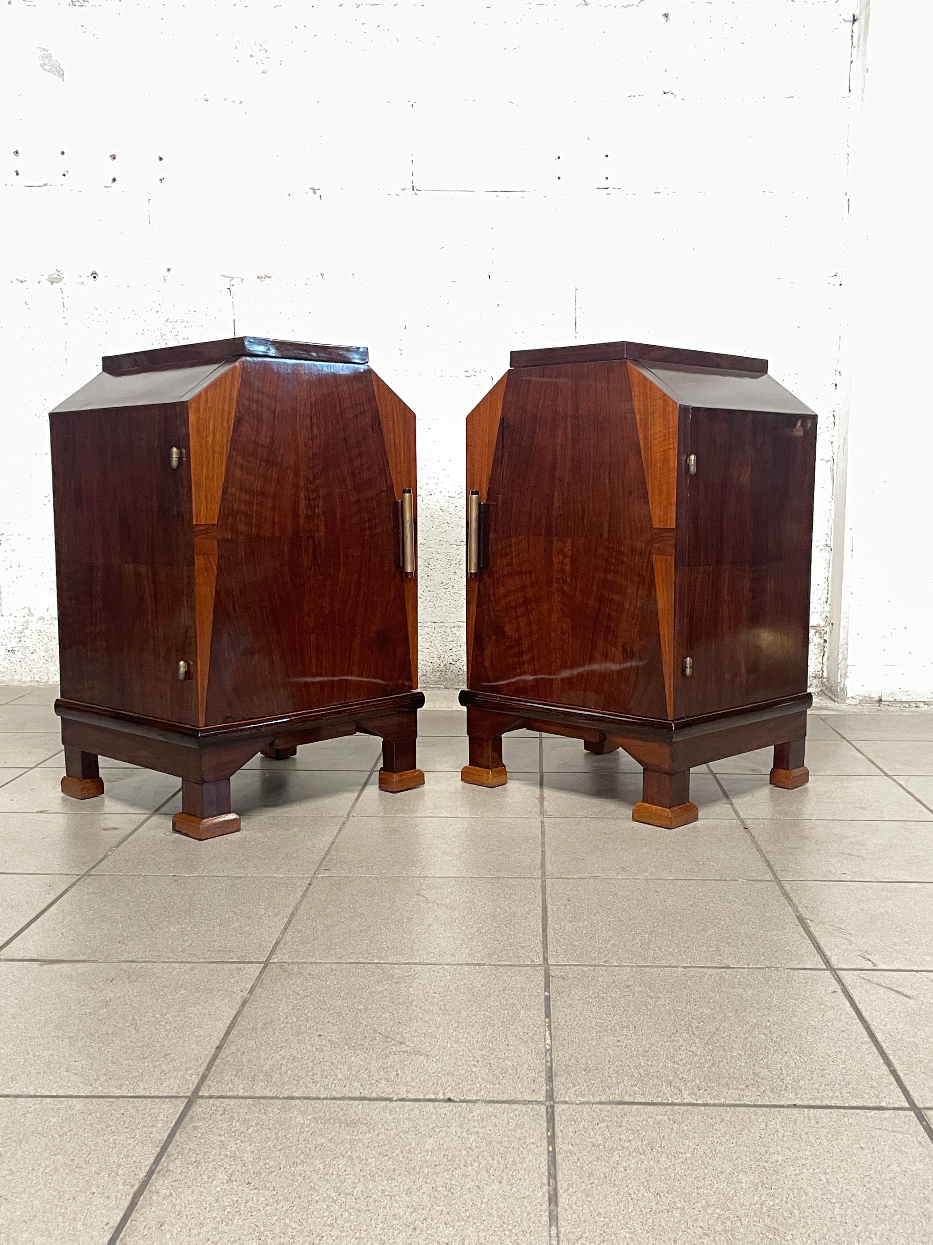 Wood Pair of deco bedside tables, 1930s For Sale