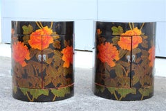Pair of Decorative Chinese Lacquer Nightstands with Red Flowers 1960 black ground
