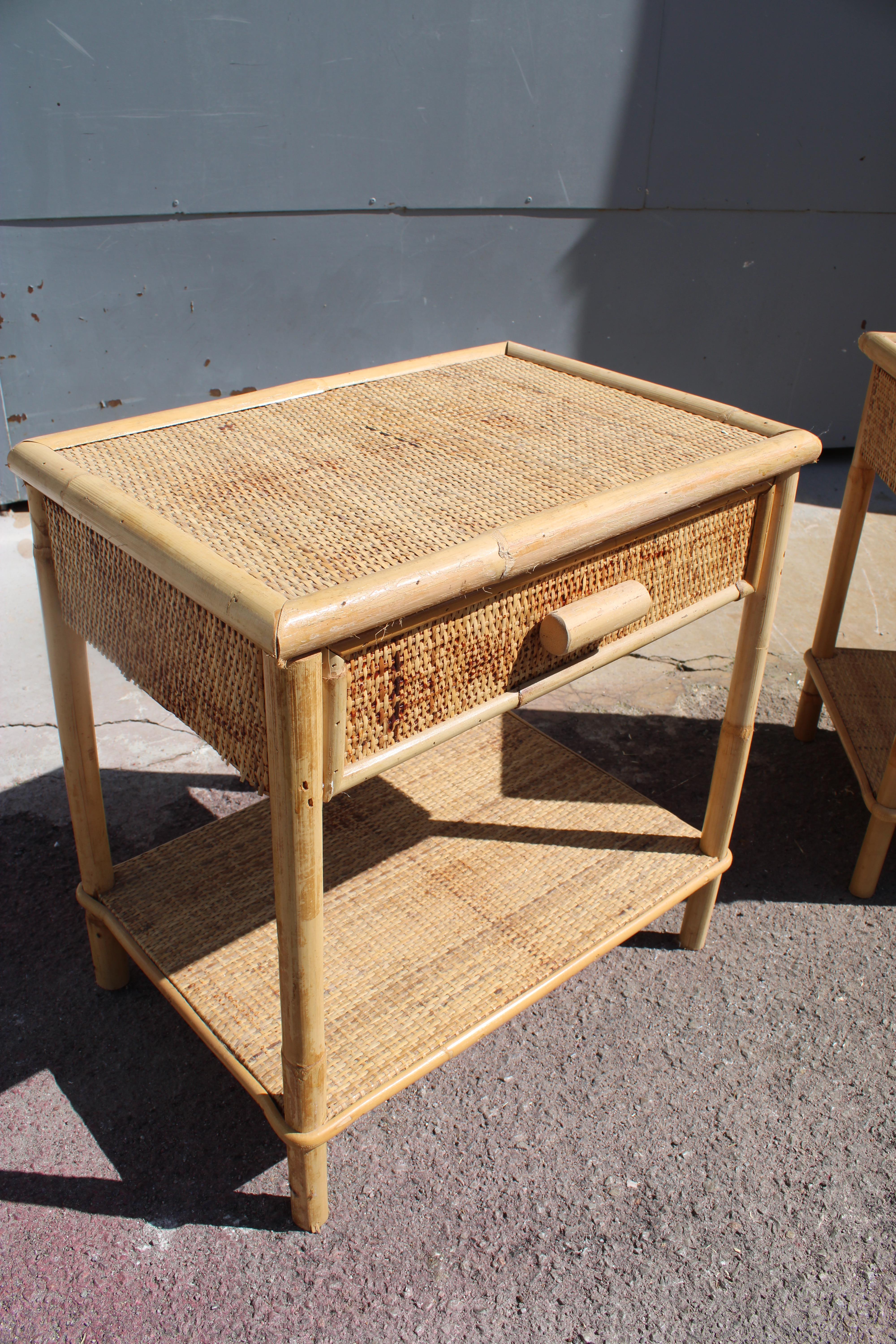 Pair of 1950 bamboo nightstands with drawers and shelves Italian For Sale 4