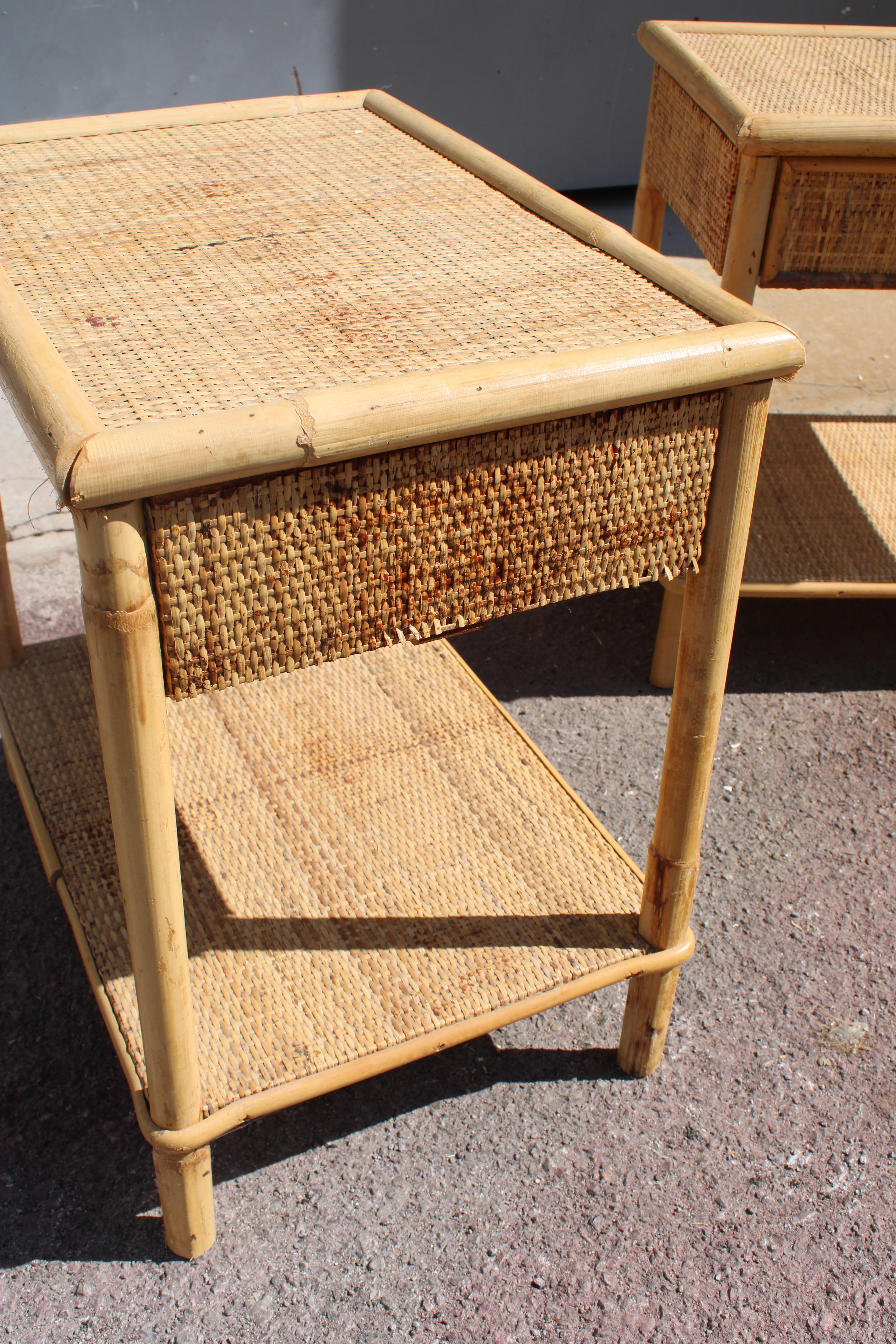 Pair of 1950 bamboo nightstands with drawers and shelves Italian For Sale 6