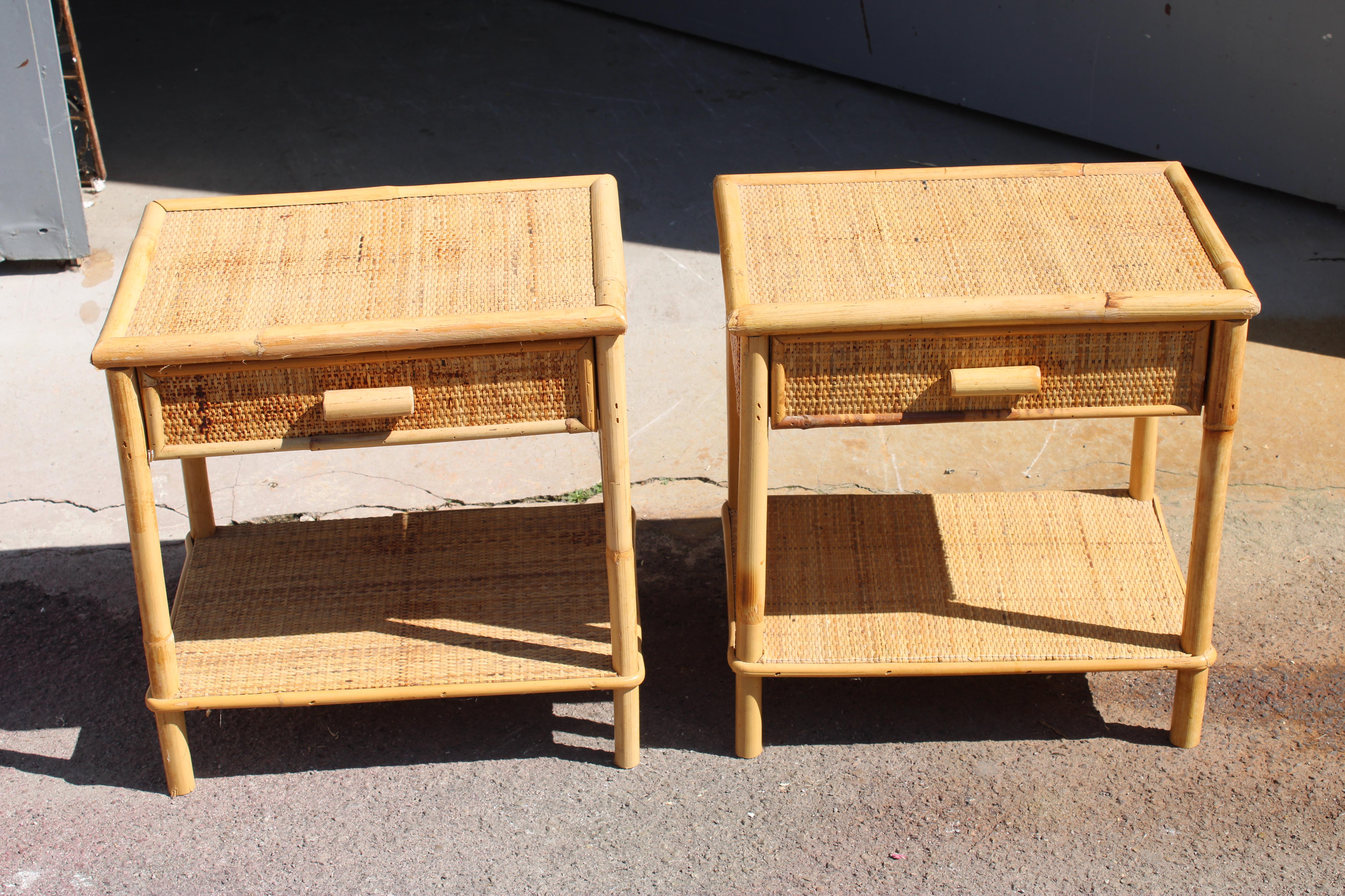 Pair of 1950 bamboo nightstands with drawers and shelves Italian For Sale 7