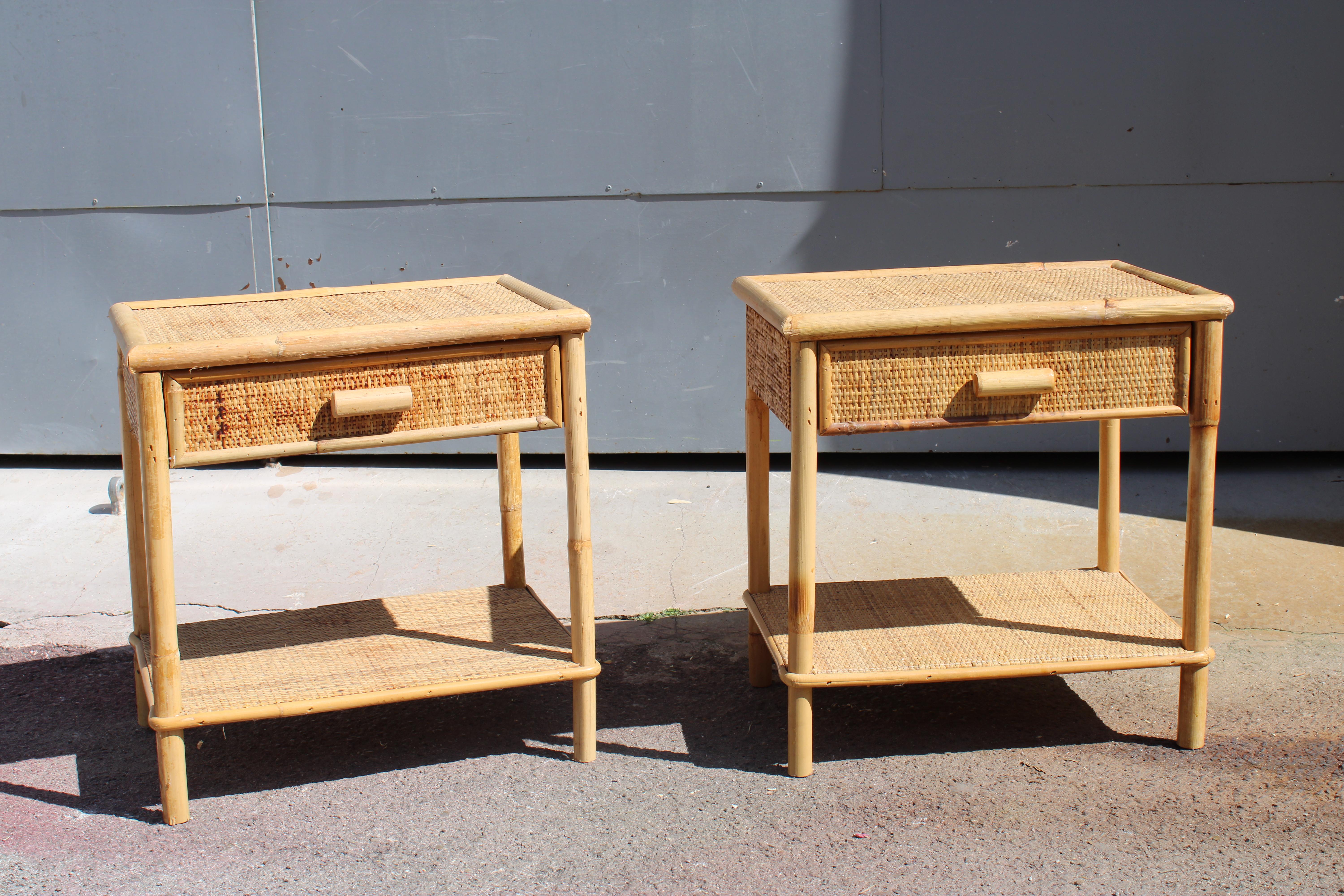 Pair of Italian bamboo nightstands with drawers and shelves 