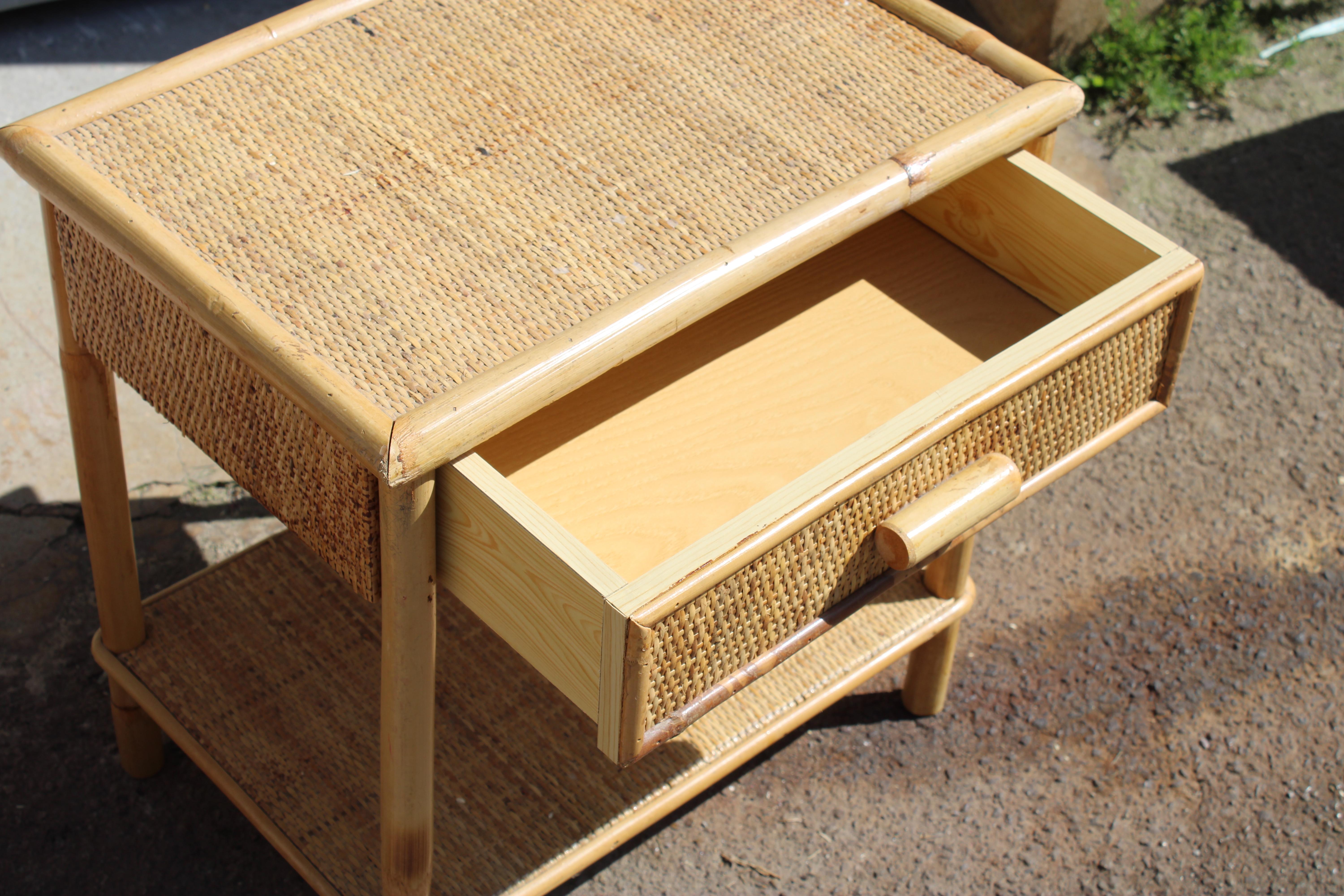 Mid-20th Century Pair of 1950 bamboo nightstands with drawers and shelves Italian For Sale