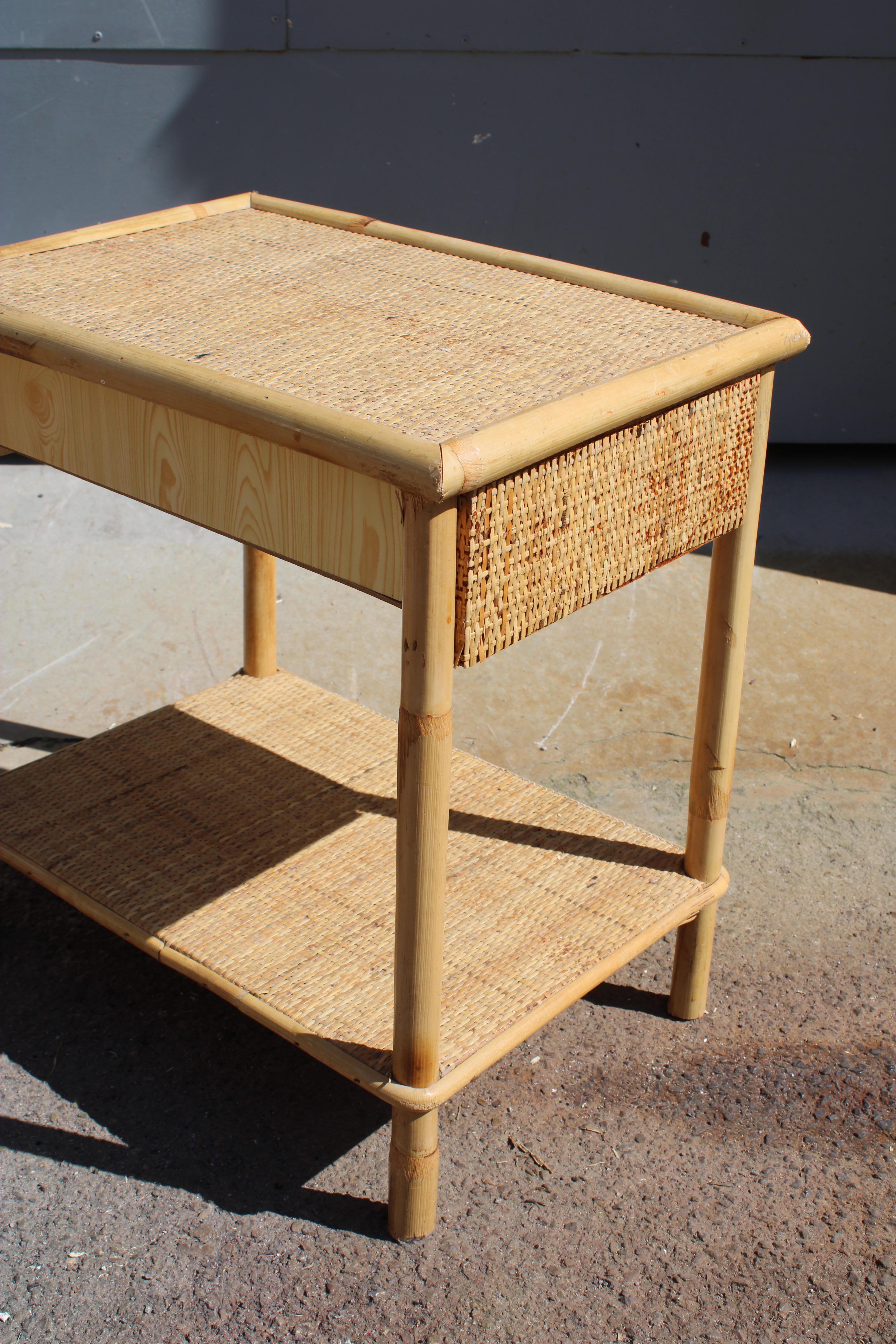 Bamboo Pair of 1950 bamboo nightstands with drawers and shelves Italian For Sale