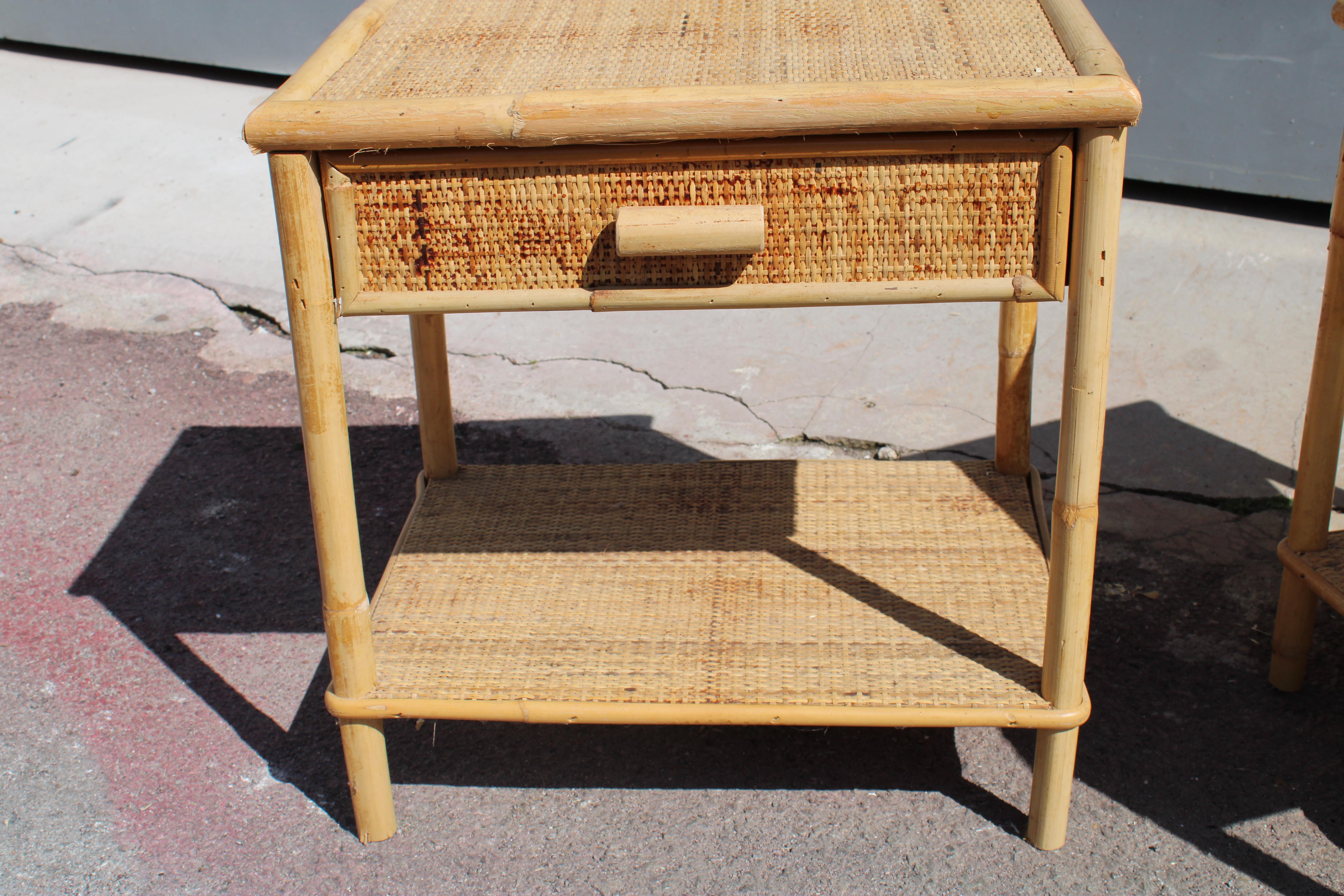 Pair of 1950 bamboo nightstands with drawers and shelves Italian For Sale 1