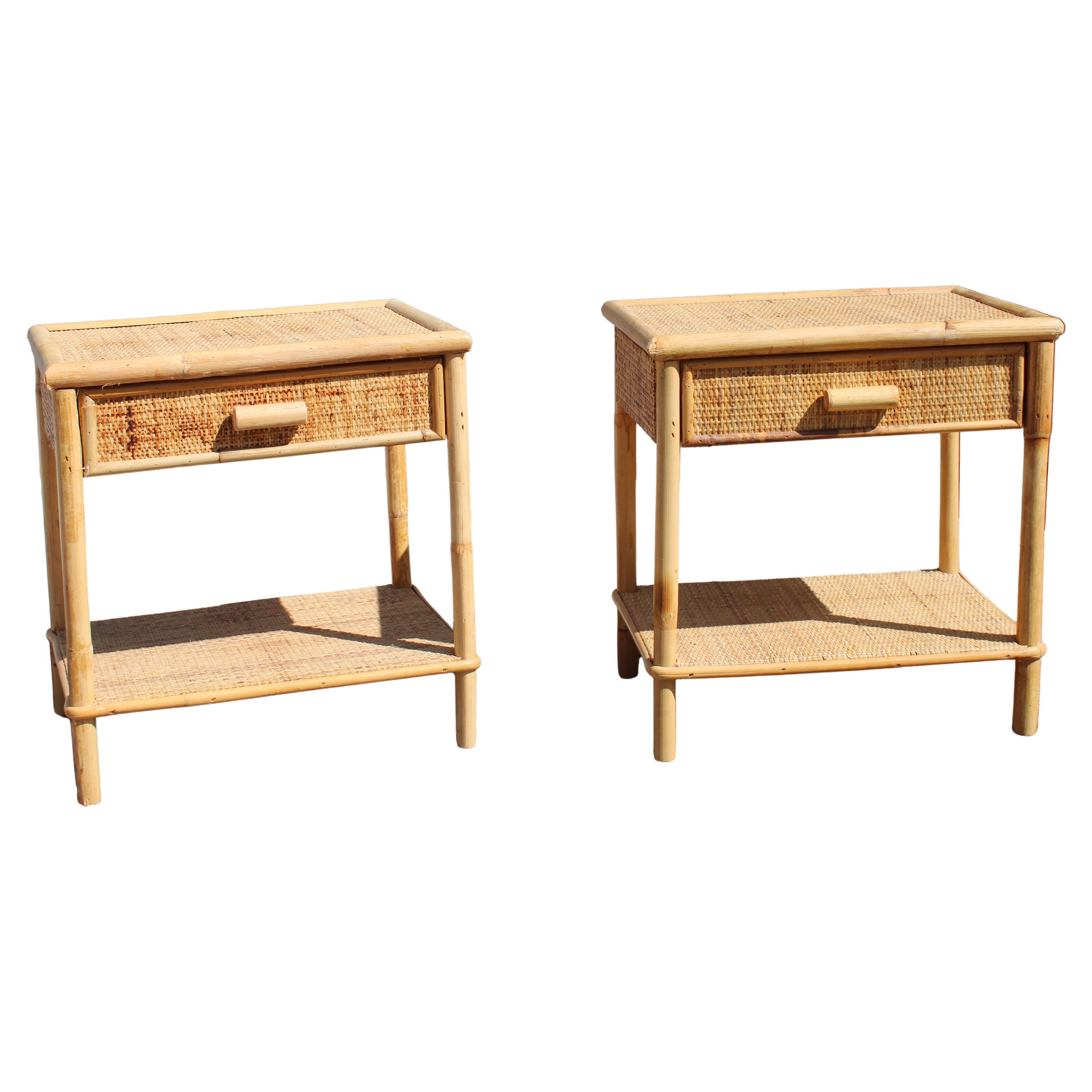 Pair of 1950 bamboo nightstands with drawers and shelves Italian
