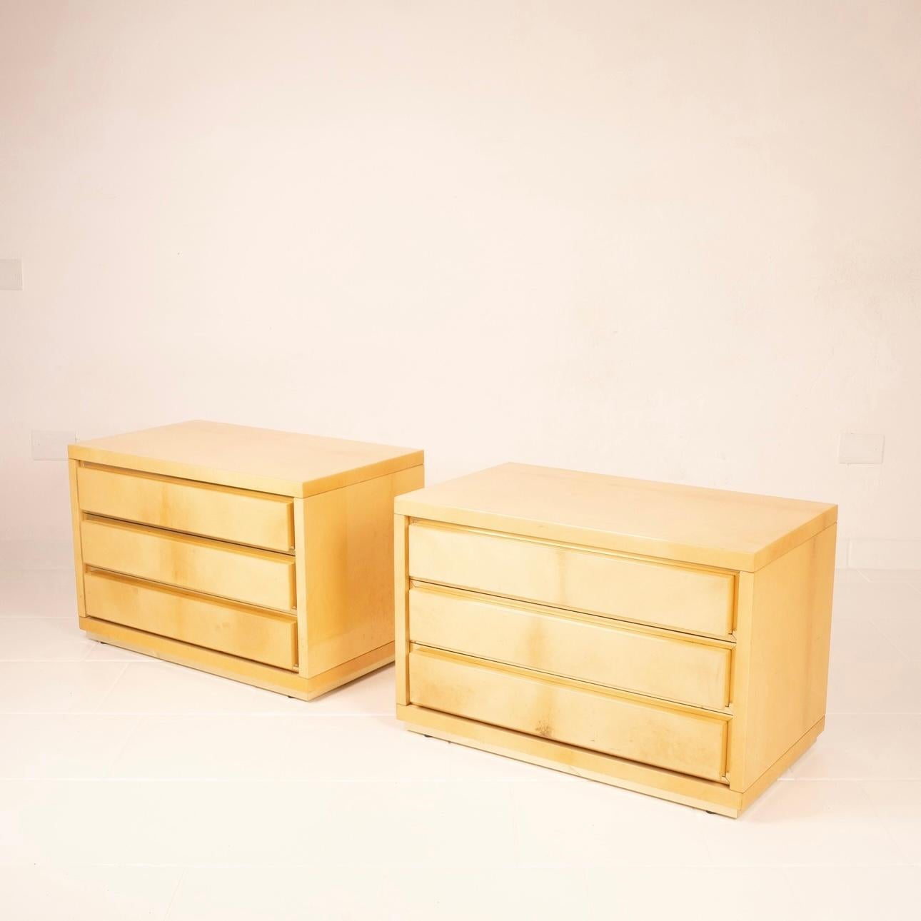 Pair of bedside tables in parchment by Aldo Tura for Tura Milano For Sale 11