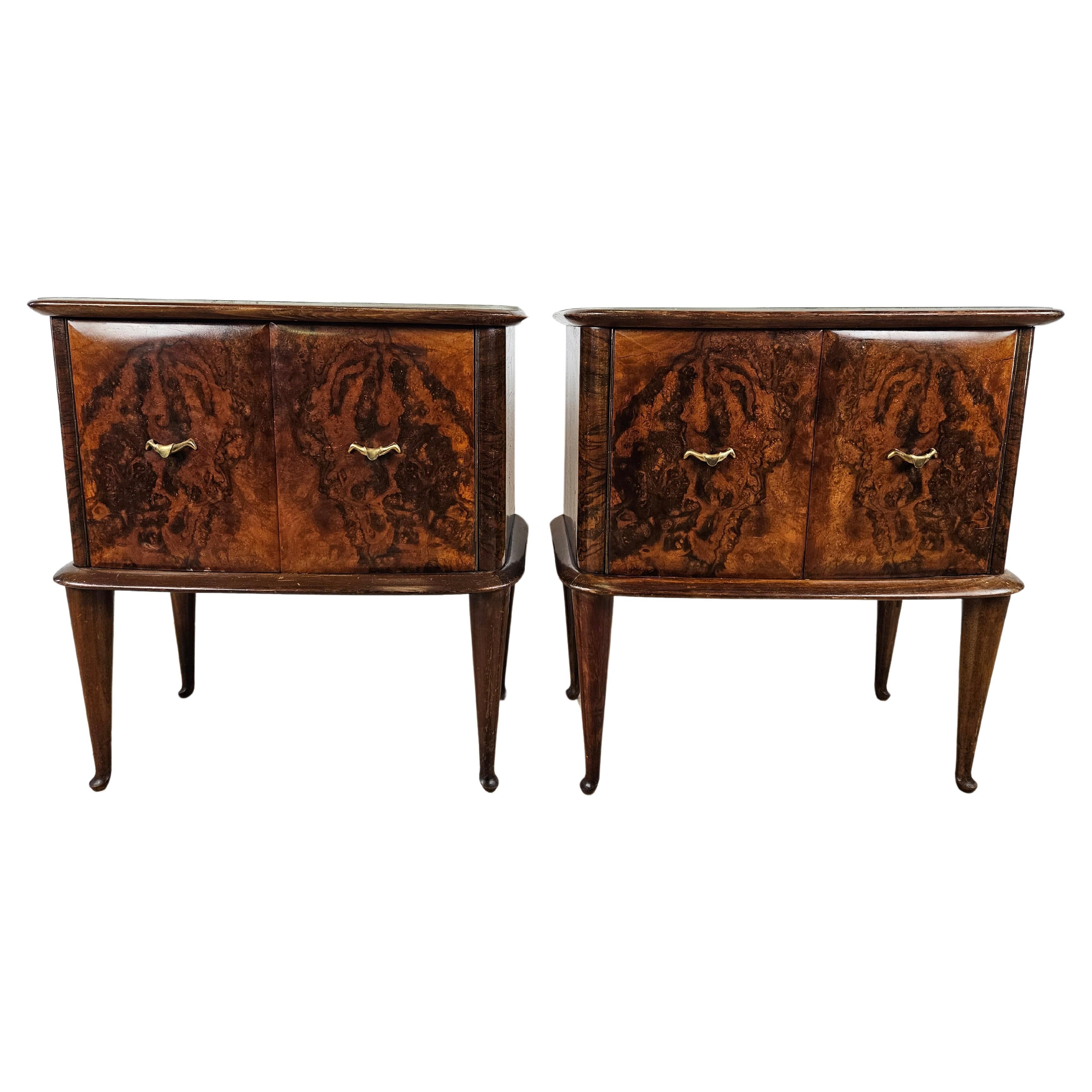 Pair of walnut burl bedside tables with Mid Century glass top