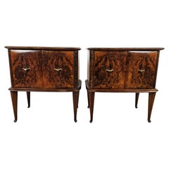 Vintage Pair of walnut burl bedside tables with Mid Century glass top