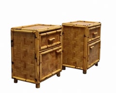 Coppia di Comodini in Rattan con Cassetto e Porta, Italia 1960s