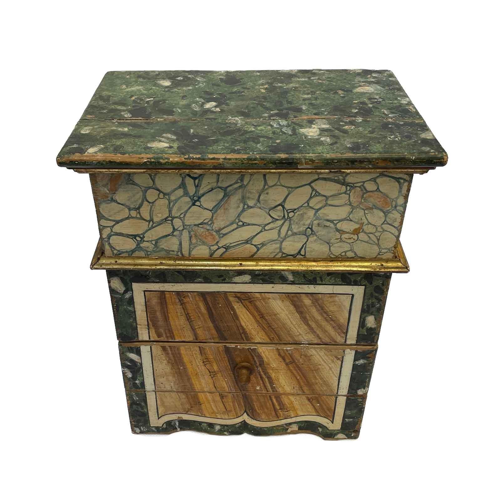 Folk Art Pair Of Italian Nightstands Lacquered in Green with Faux Marble Early 1900s For Sale