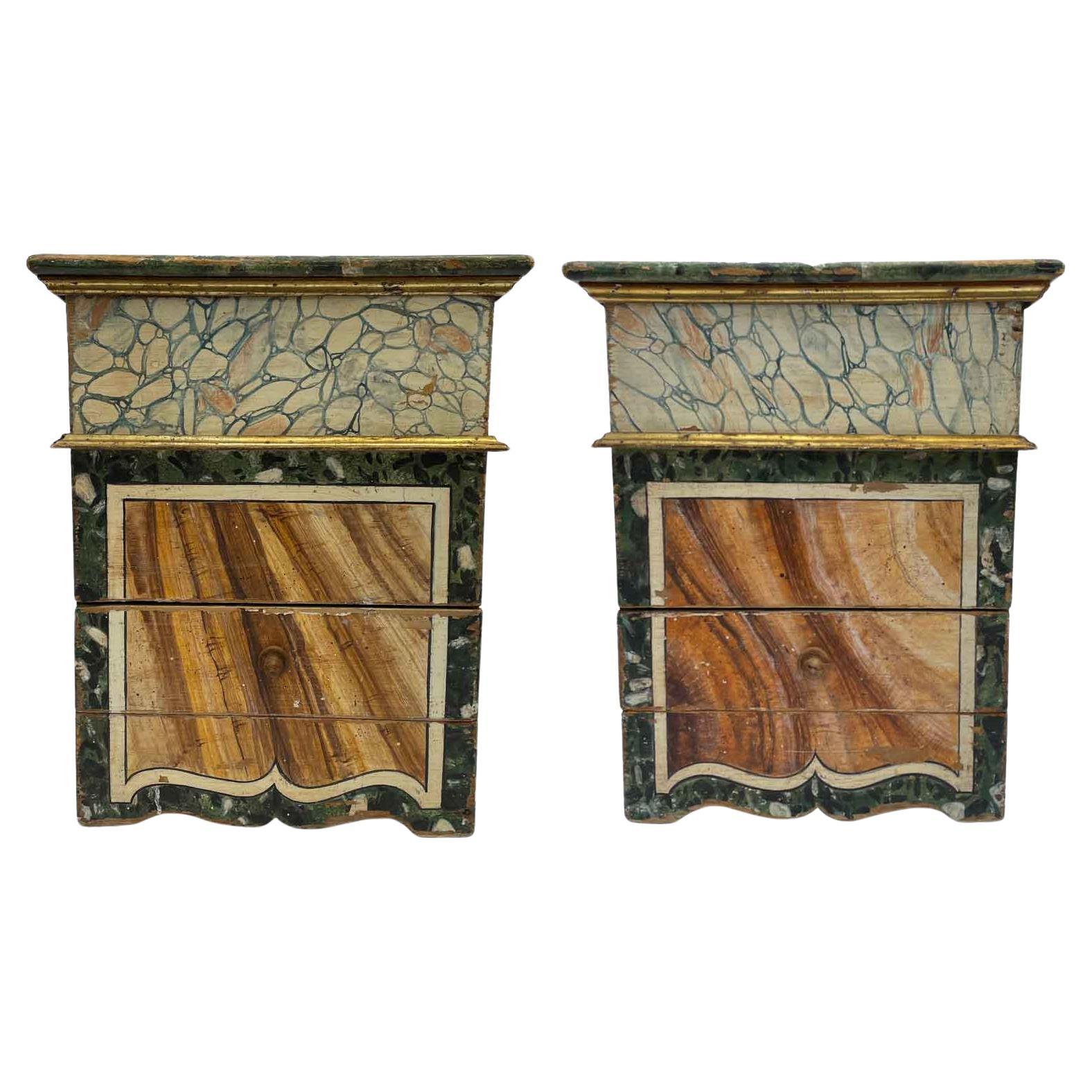 Pair Of Italian Nightstands Lacquered in Green with Faux Marble Early 1900s For Sale