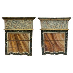 Antique Pair Of Italian Nightstands Lacquered in Green with Faux Marble Early 1900s