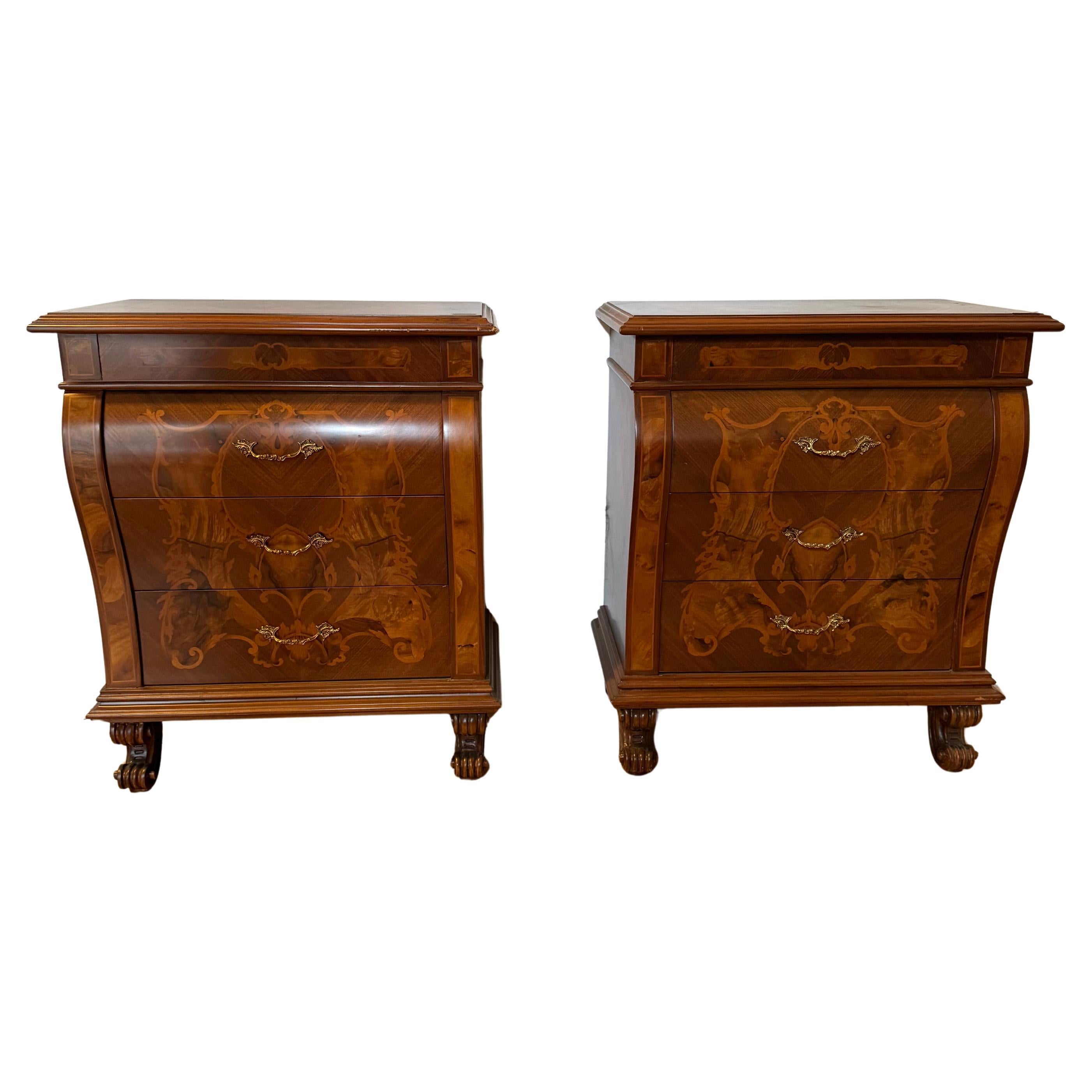 Pair of Italian wooden bedside tables  inlaid briar 90s