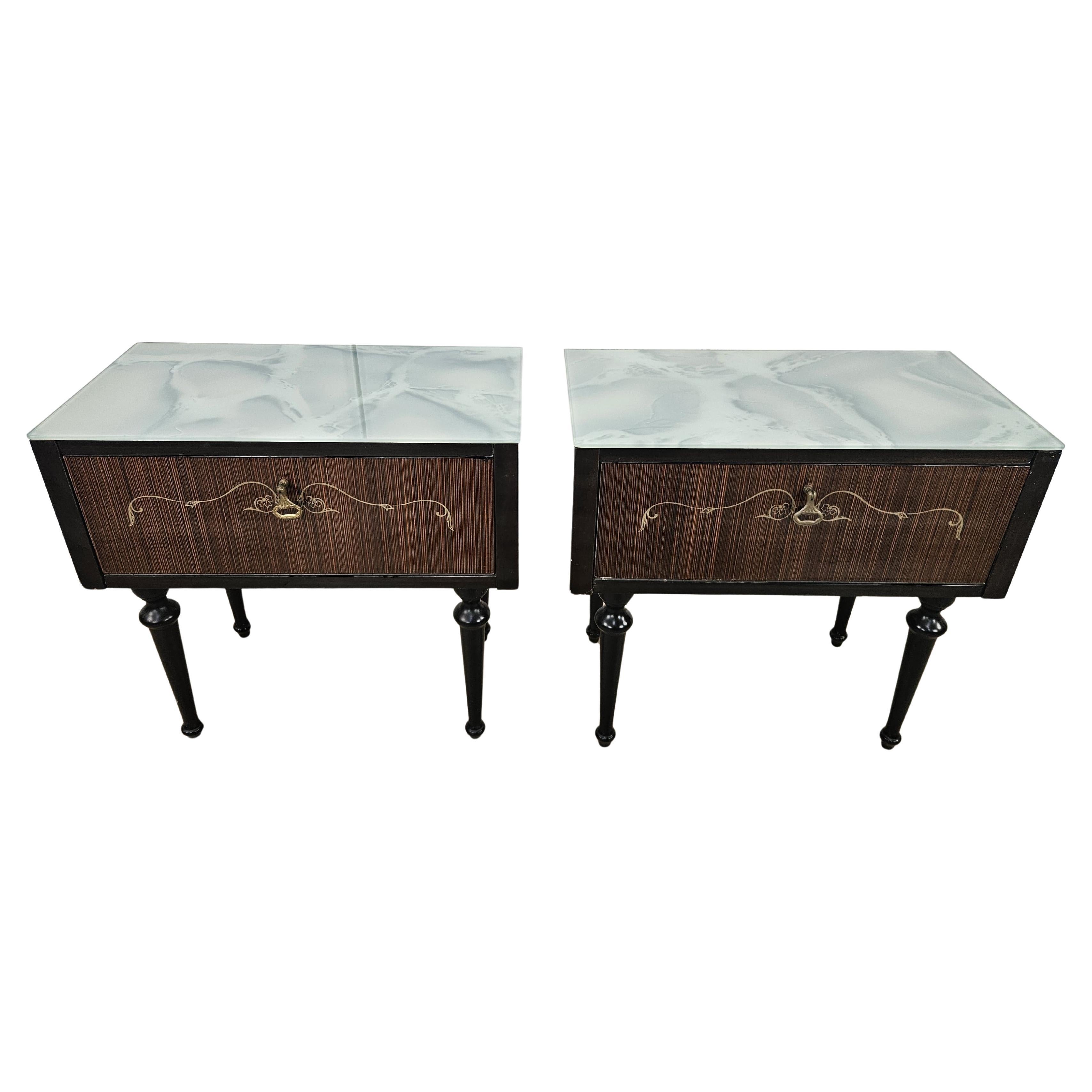 Pair of Mid Century nightstands with flap and blue glass