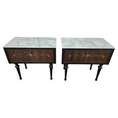 Coppia di comodini Mid Century con ribalta e vetro azzurro