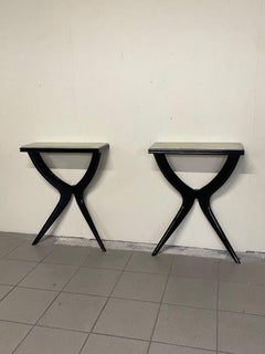 Pair of 1950s console tables in ebonized wood and green marble