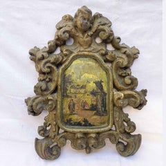 Coppia di Cornici Verdi Barocche Italiane 1700 Decorate con Putti e Paesaggi