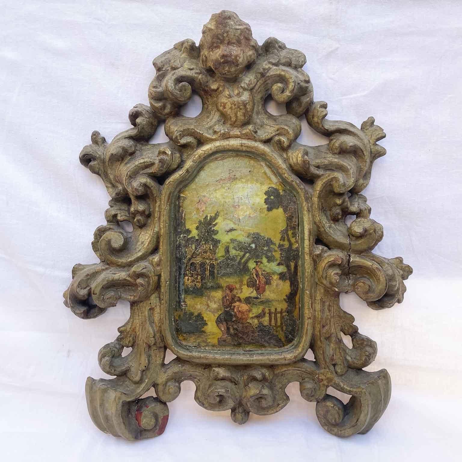 European Pair of Italian Baroque Green Frames 1700 decorated with Putti and Landscapes For Sale