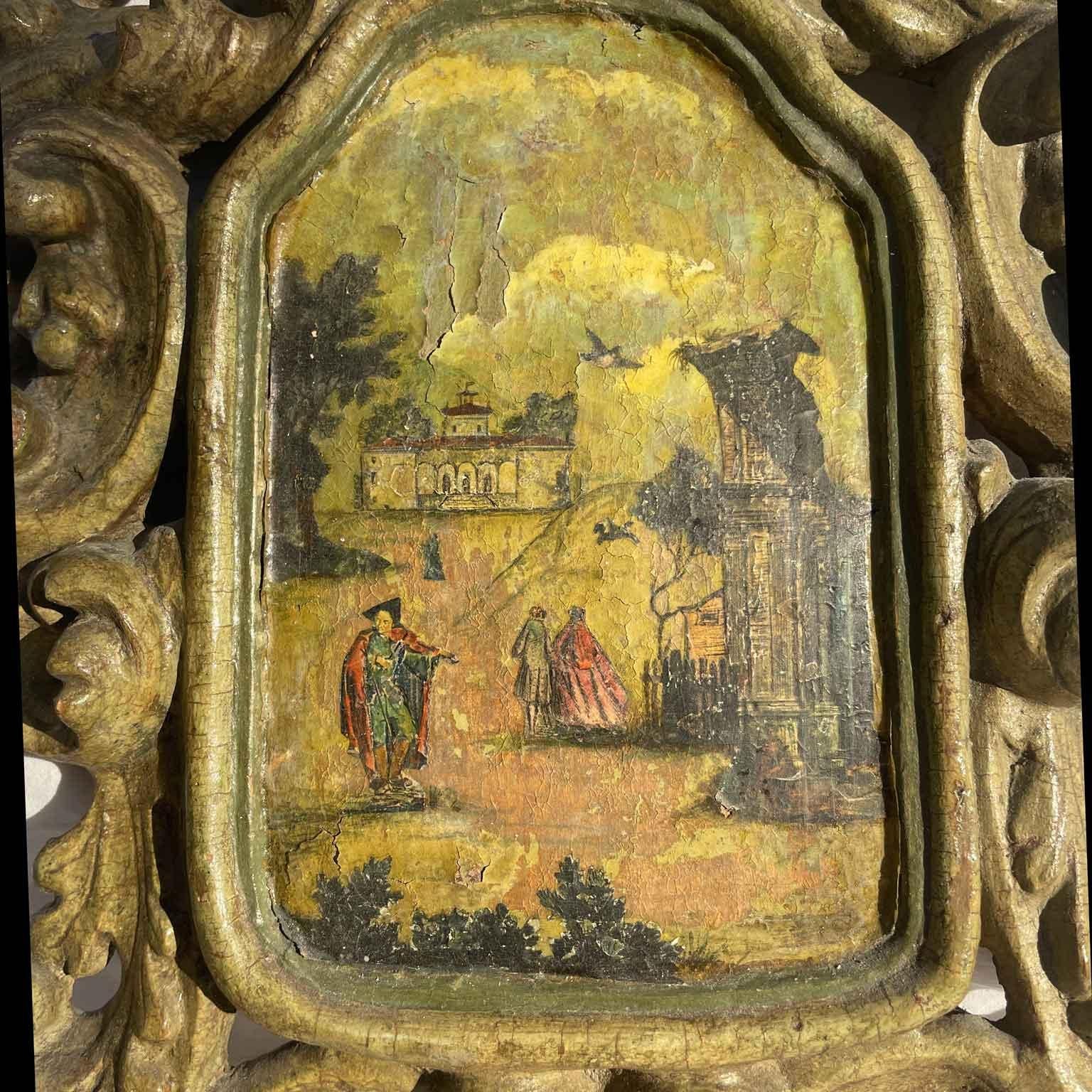 Early 18th Century Pair of Italian Baroque Green Frames 1700 decorated with Putti and Landscapes For Sale
