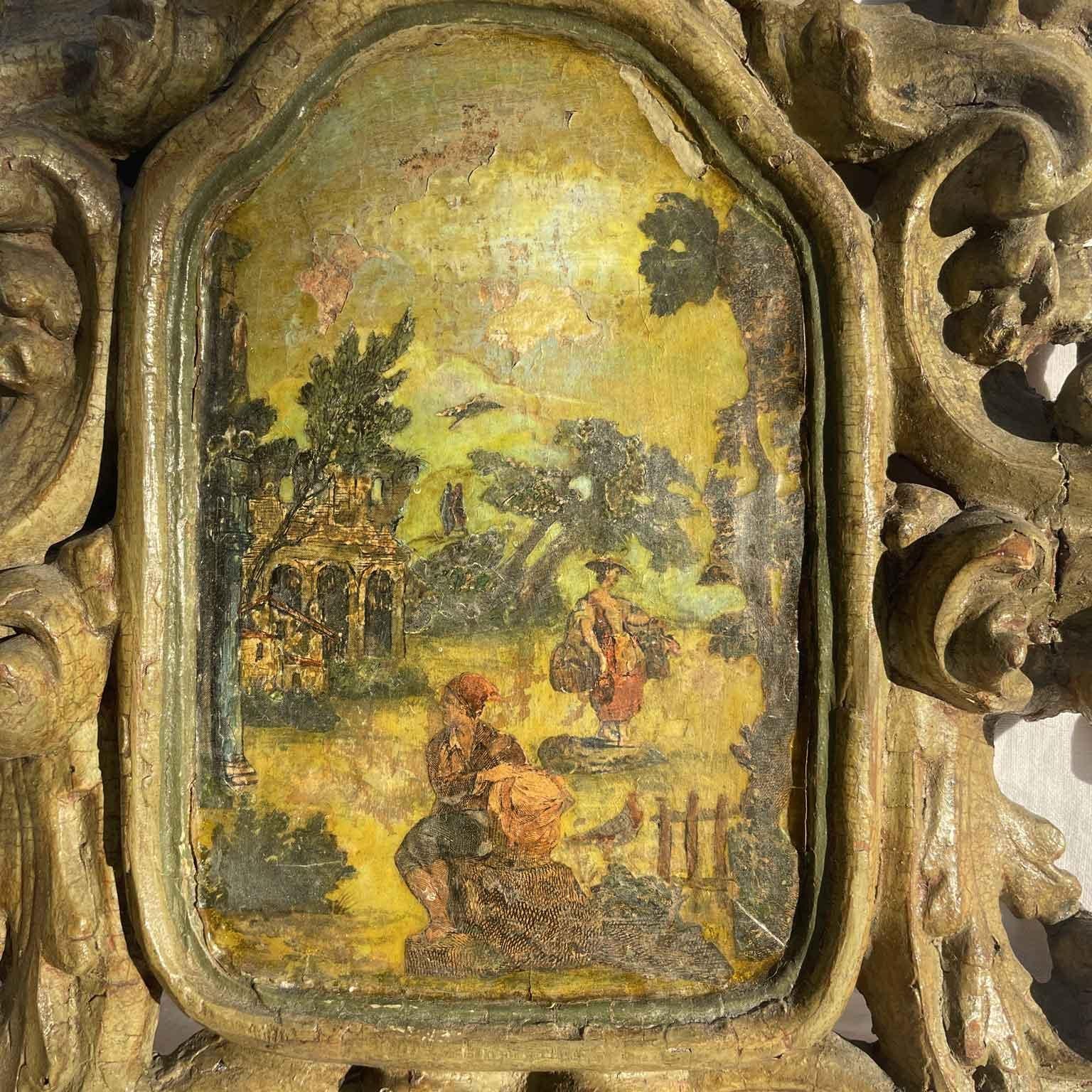 Pair of Italian Baroque Green Frames 1700 decorated with Putti and Landscapes For Sale 2