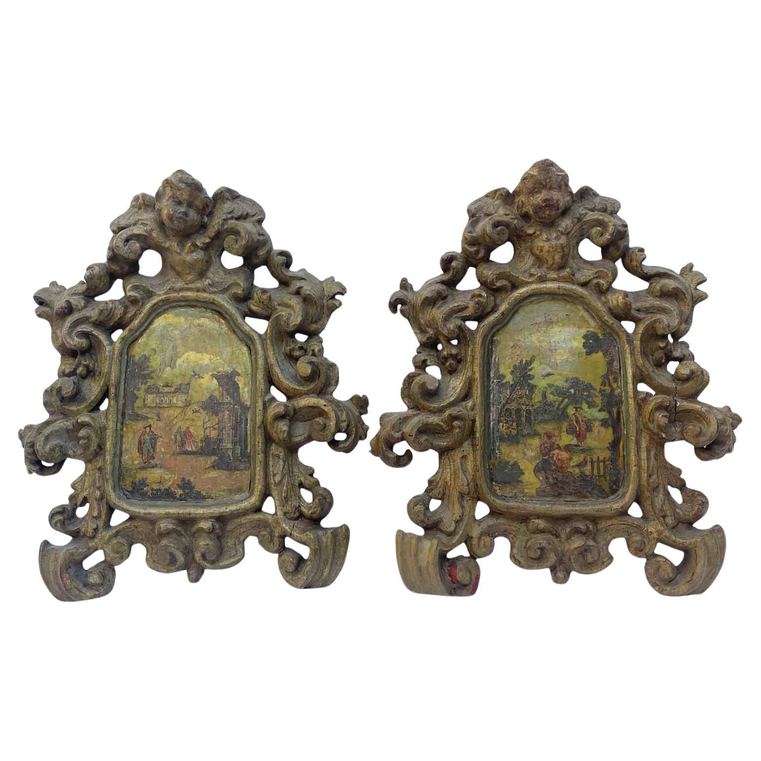 Pair of Italian Baroque Green Frames 1700 decorated with Putti and Landscapes For Sale