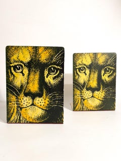 Pair of Metal Bookends of Lion and Cat by Piero Fornasetti Anni 60