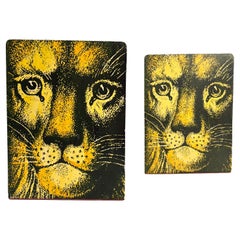 Pareja de sujetalibros metálicos de león y gato de Piero Fornasetti años 60 Pareja de sujetalibros metálicos de león y gato de Piero Fornasetti años 60
