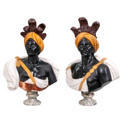 Paire de grands bustes Moretti en marbre polychrome