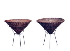 Pair of Large Wicker Baskets on Metal Frame, Italy 1950s