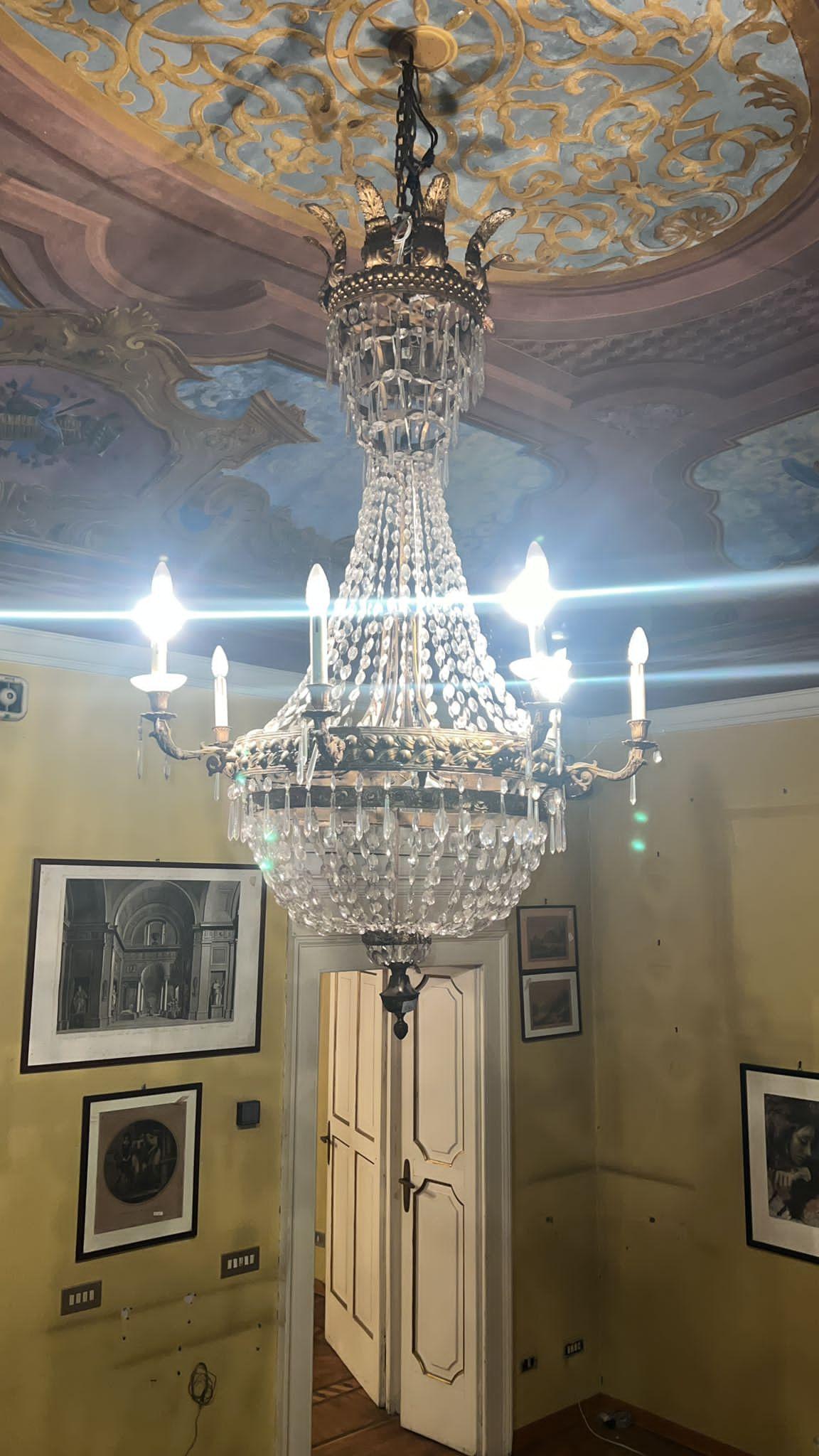 Pair Of Large Italian Chandeliers In Crystal Empire 18th Century Seven Lights 7