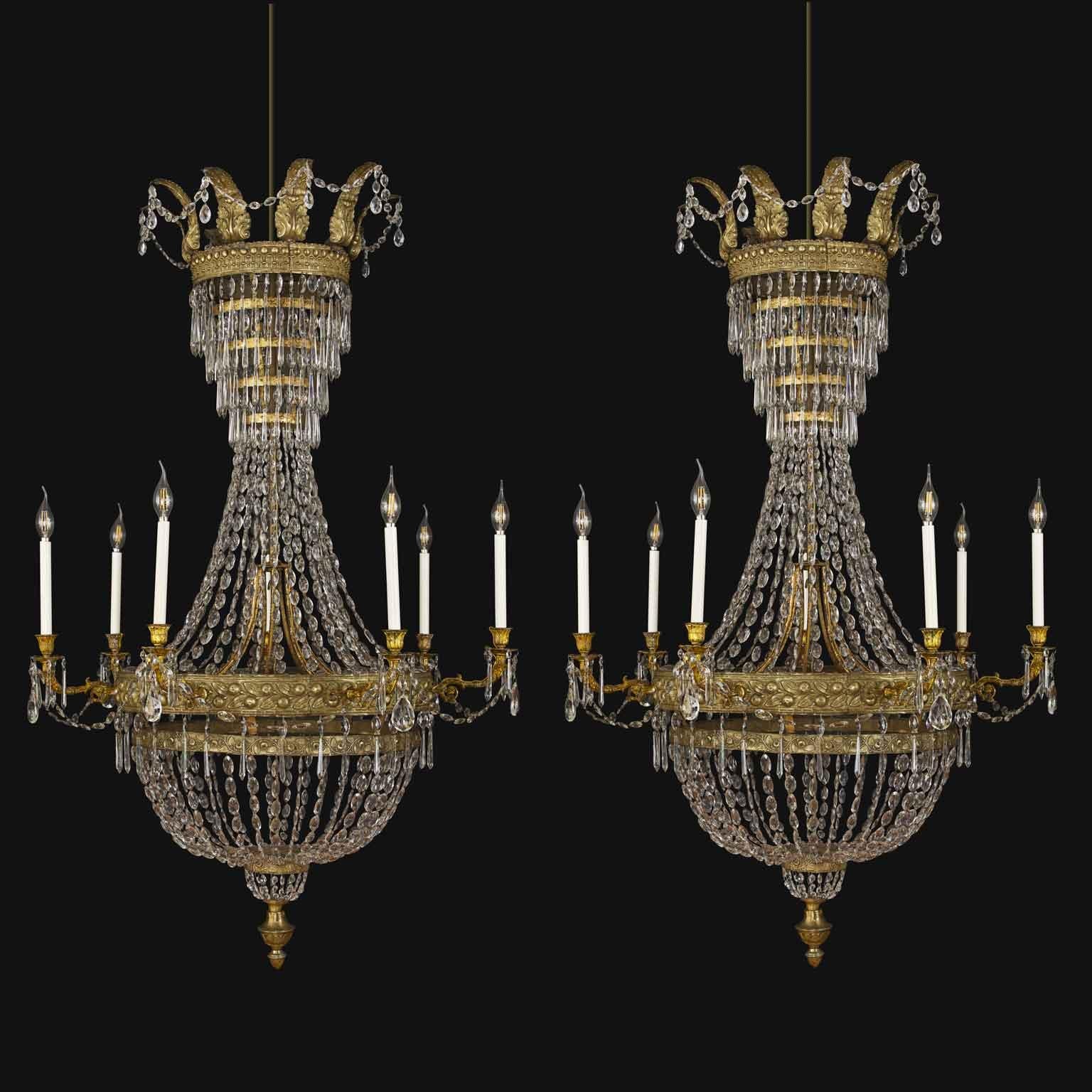 Pair Of Large 1700 Crystal Empire Chandeliers  with seven lights, from the hall of an ancient Italian palace, in excellent condition.

These large antique chandeliers, 161 cm high x 95 cm in diameter, originated in the last quarter of the 18th