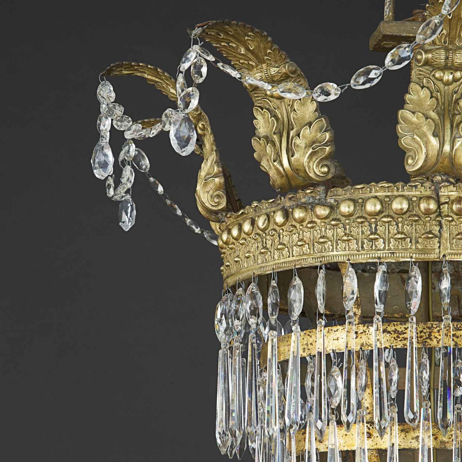 Gilt Pair Of Large Italian Chandeliers In Crystal Empire 18th Century Seven Lights