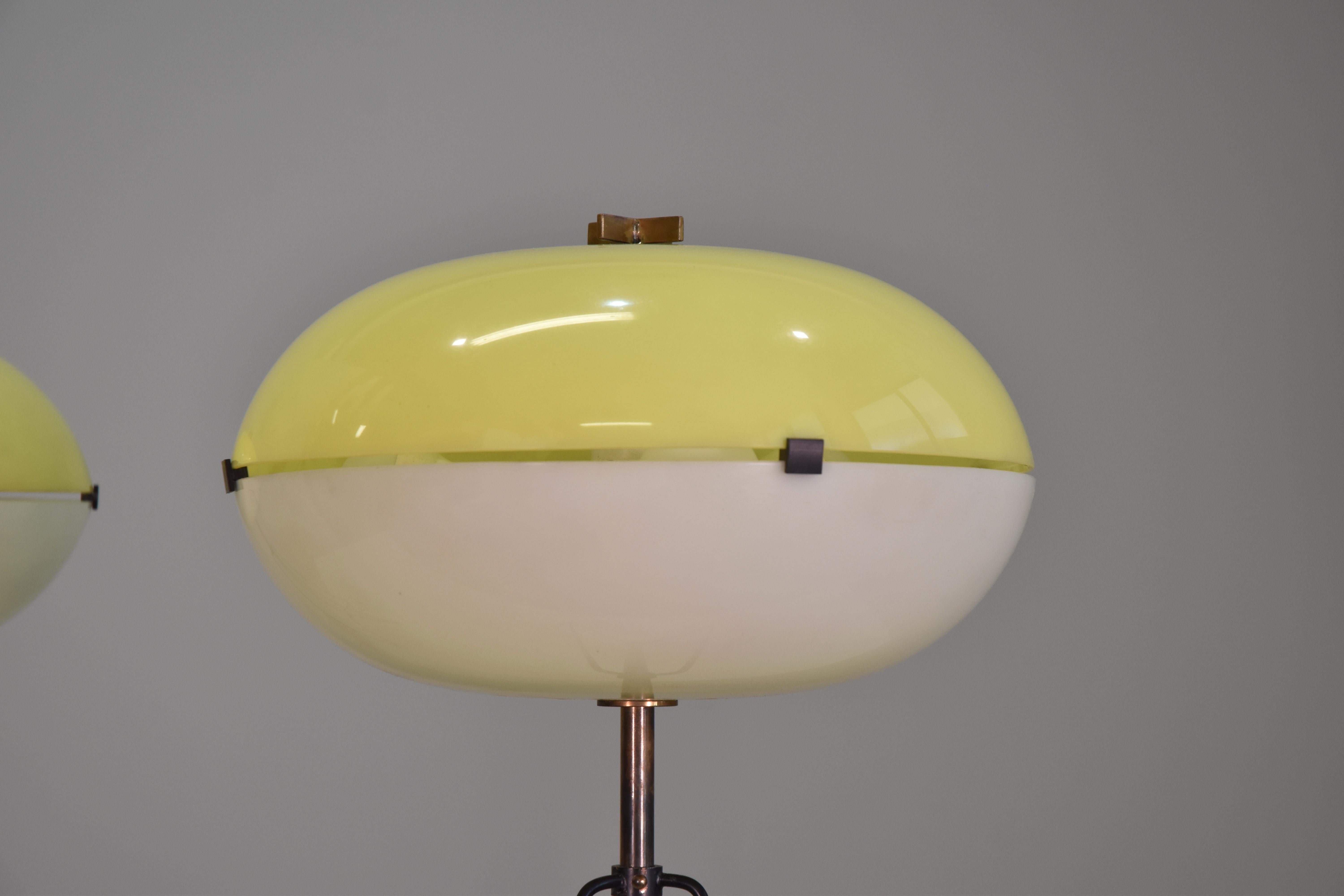 Italian Pair of Large Brass and Methacrylate Lamps Italy 1955 Published For Sale