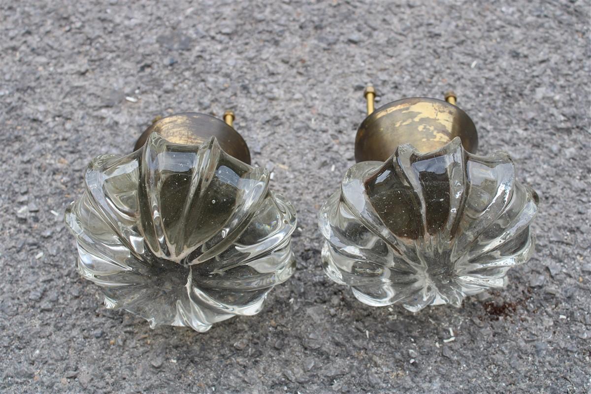 pair of Unique and Rare Large Murano glass knobs by Seguso with solid brass conical base 1940s