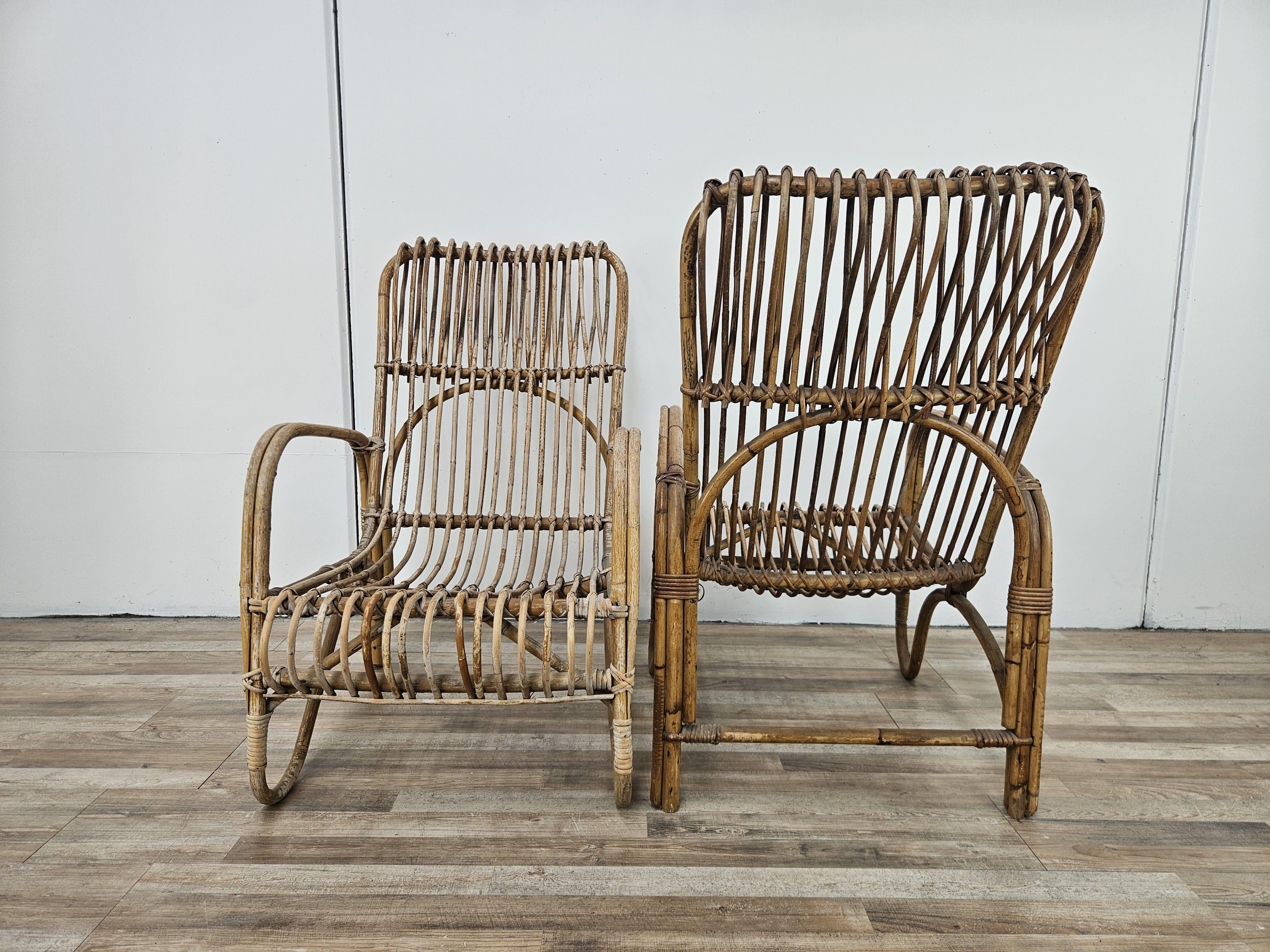 Mid-Century Modern Pair of large wicker armchairs 1970s For Sale
